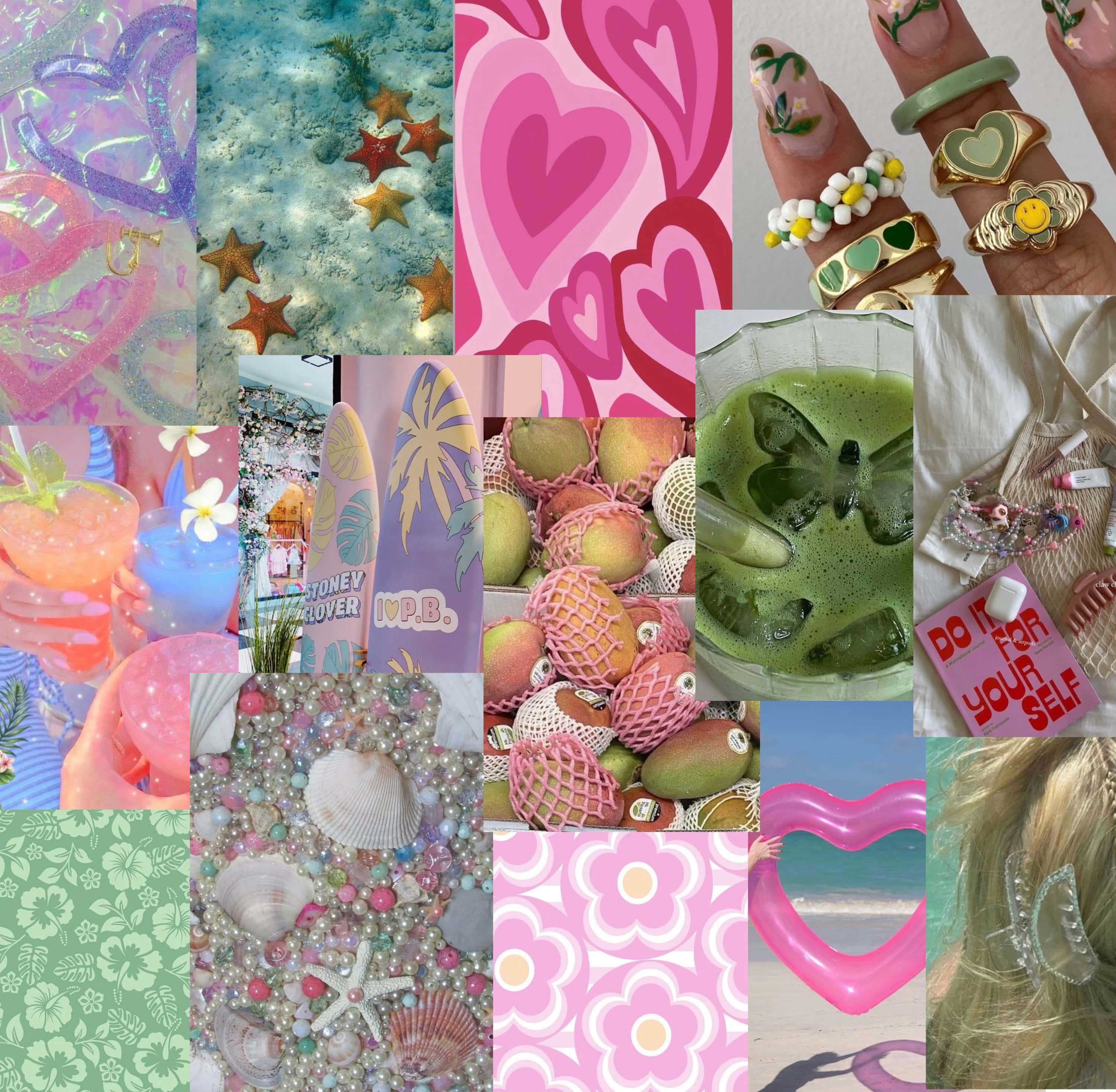 Coconut Girl Aesthetic, pink heart patterns, tropical drinks, 2K Desktop Wallpaper