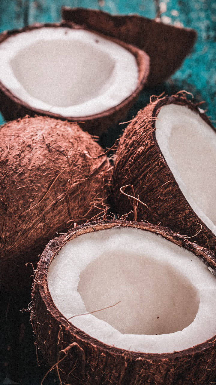 meaty coconut fruit slices, Freshly Sliced Coconut Fruit, cracked coconuts, HD Phone Wallpaper