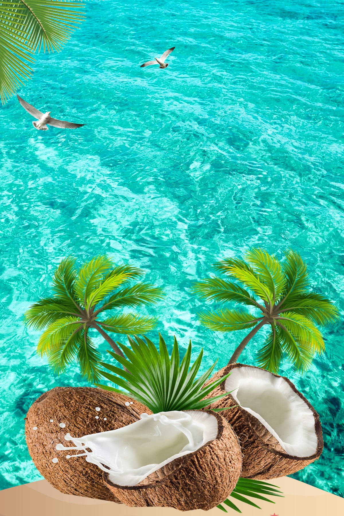 fresh coconut fruits, palm trees, turquoise tropical beach, HD Phone Wallpaper