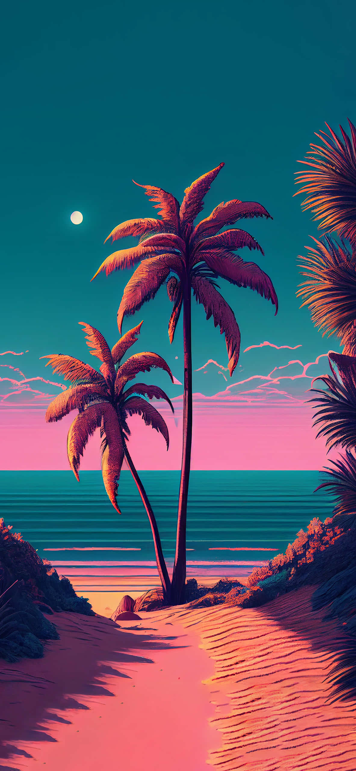 neon sunset, pink sand, teal sky, 2K Phone Wallpaper