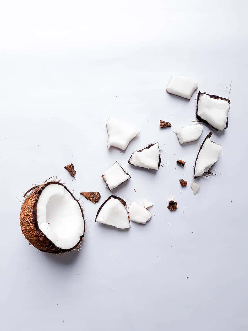 coconut halves, coconut pieces, white background, SD Phone Wallpaper