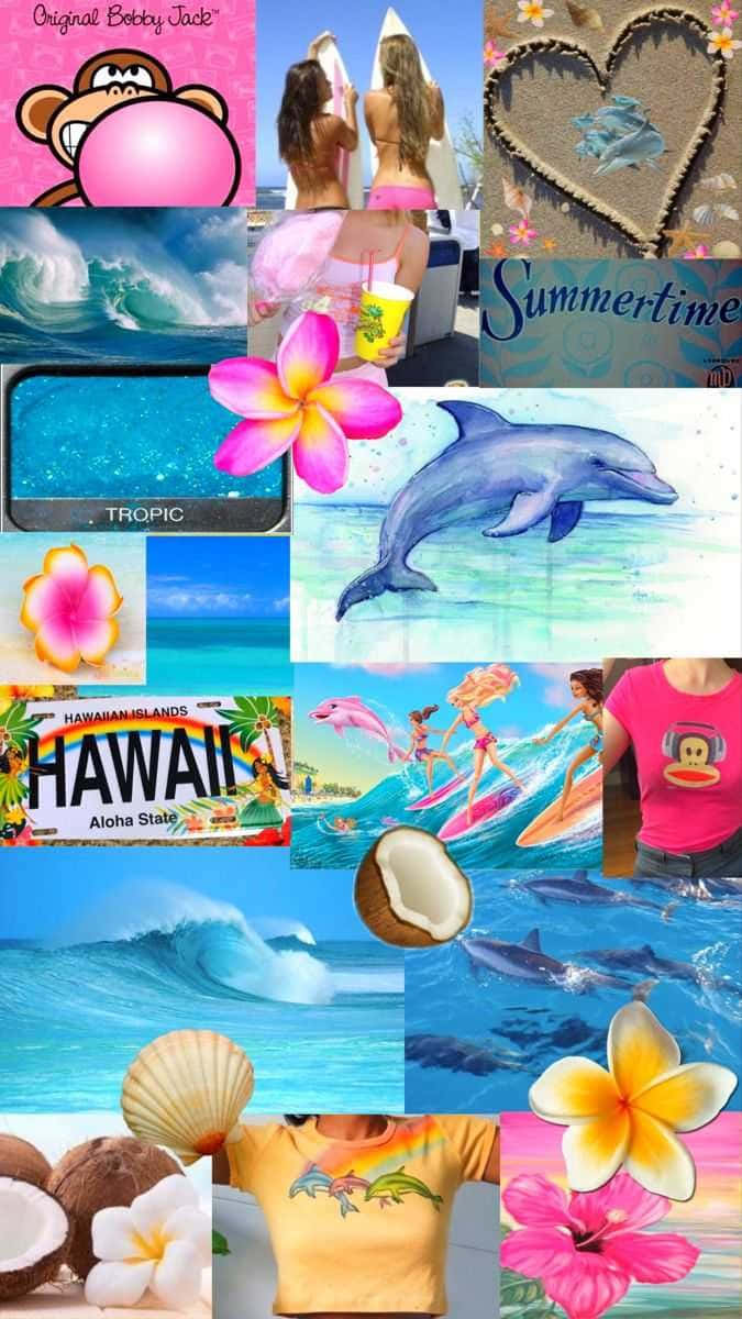tropical summer collage, tropical beach scenes, surfers, SD Phone Wallpaper