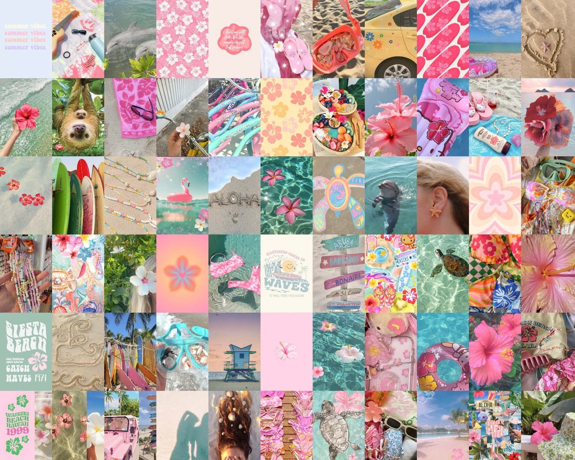 Coconut Girl Aesthetic, pink hibiscus flowers, surfboards, Full HD Desktop Wallpaper