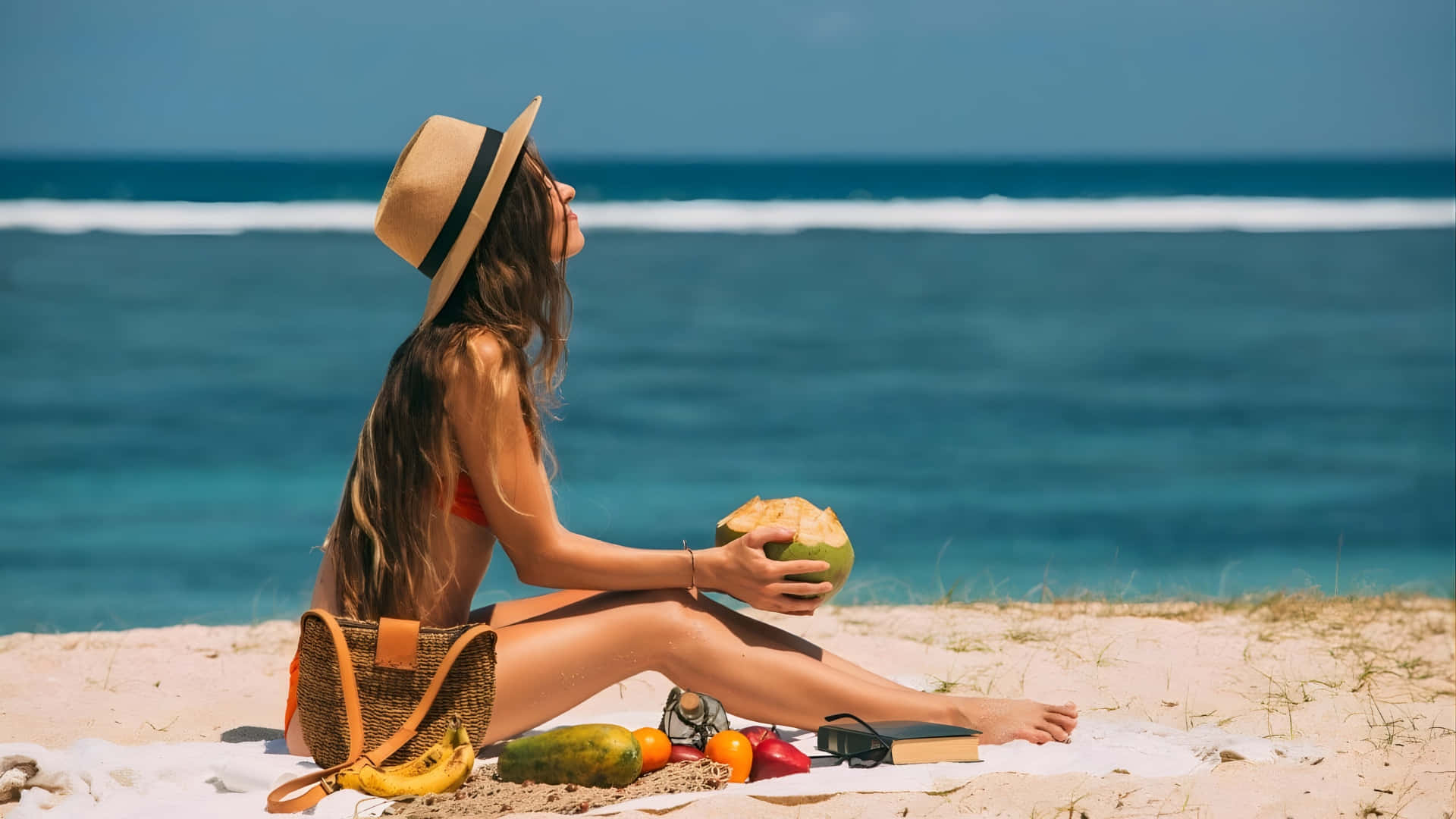 straw hat, sandy beach, coconut, Full HD Desktop Wallpaper