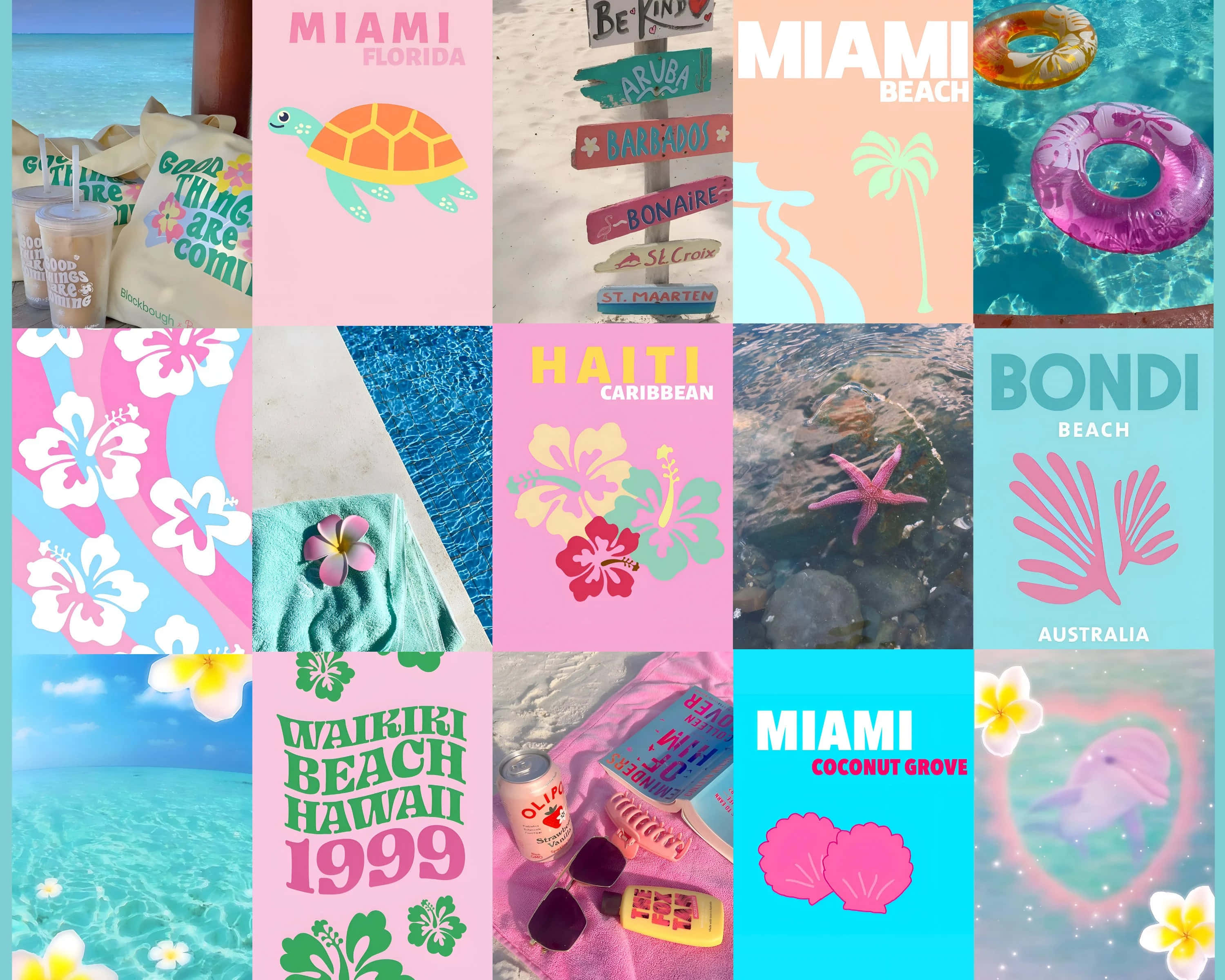 Coconut Girl, Miami turtles, Bondi starfish, 2K Desktop Wallpaper
