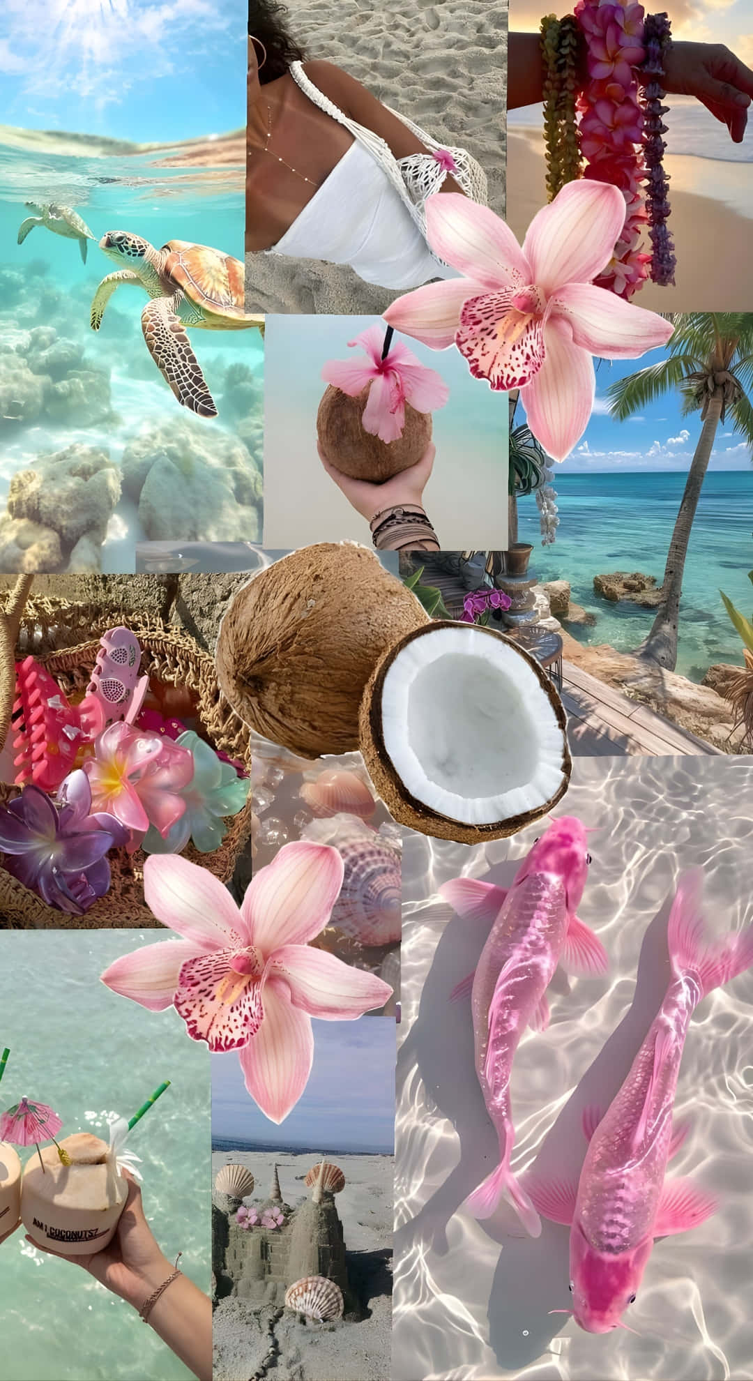 beach, coconut girl, tropical collage, Full HD Phone Wallpaper