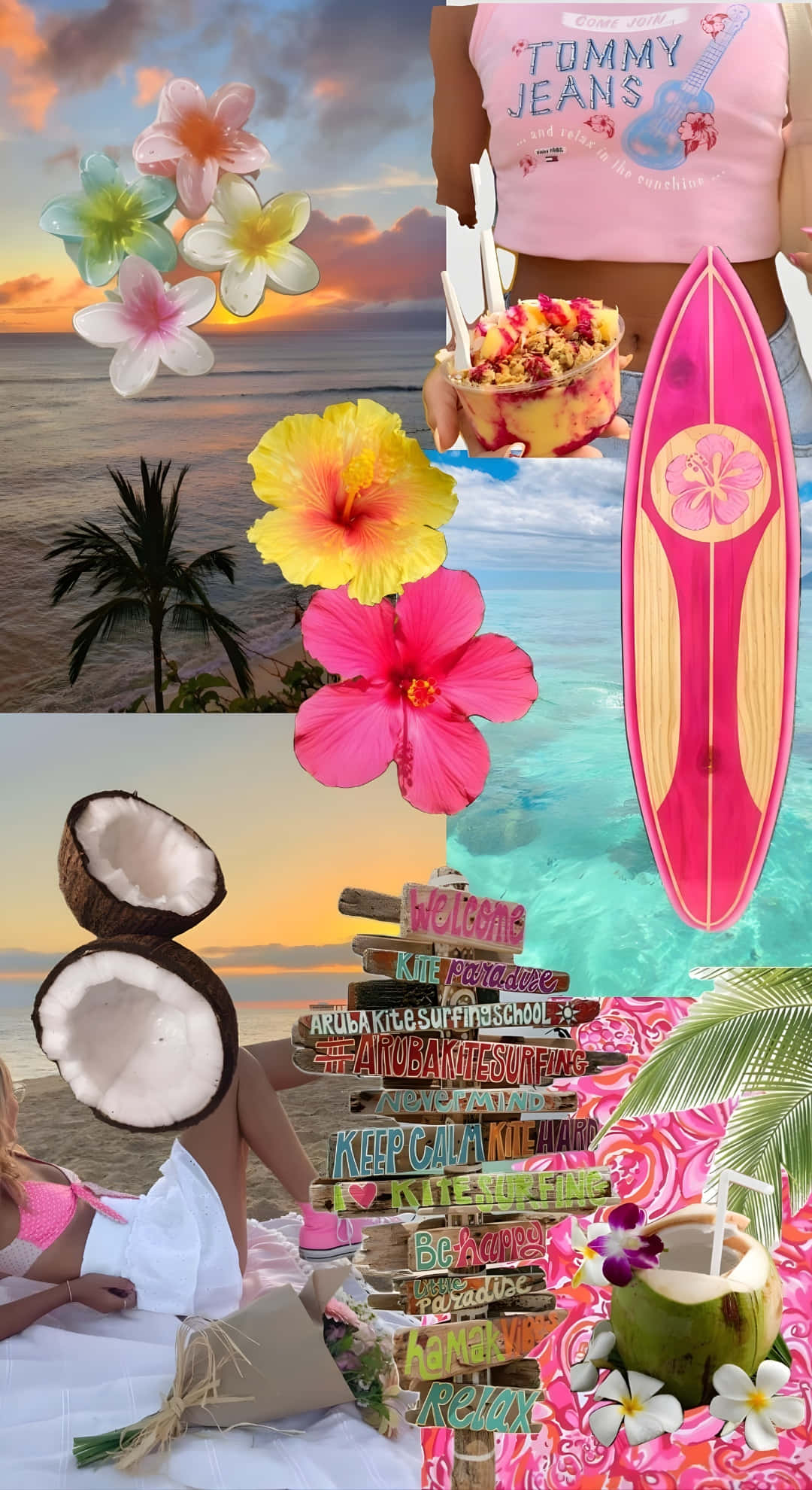 beach, coconut girl, pink surfboard, Full HD Phone Wallpaper
