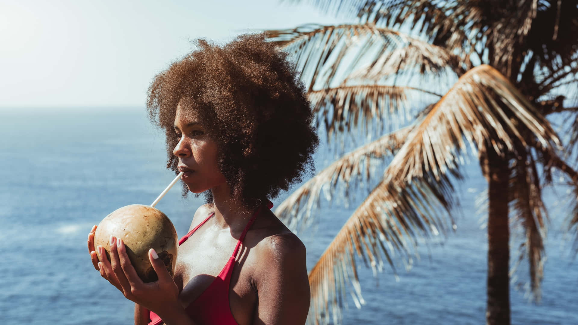 Beach Coconut Girl, coconut, ocean, Full HD Desktop Wallpaper
