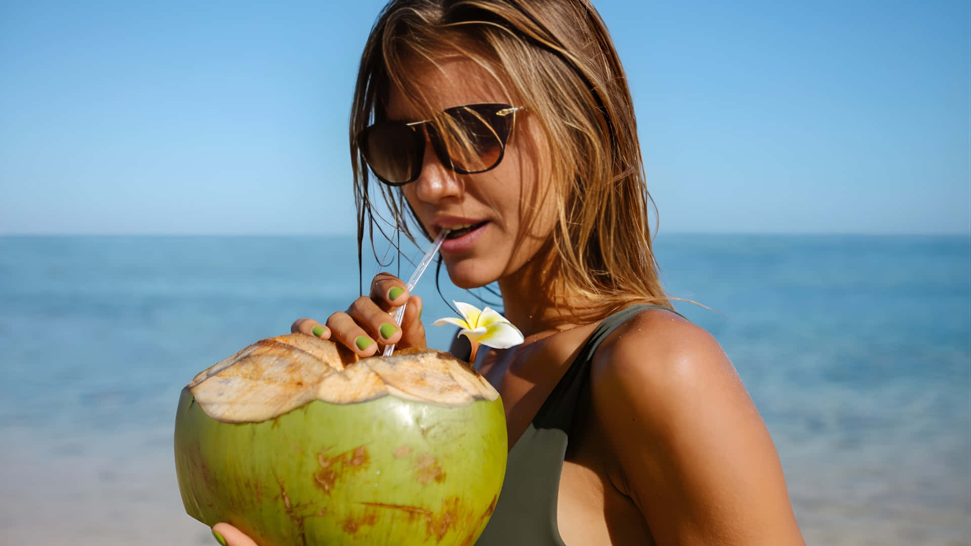 Beach Coconut Girl, sunglasses, fresh coconut, Full HD Desktop Wallpaper