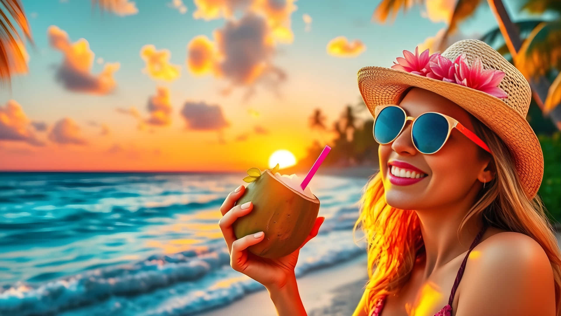 Beach Coconut Girl, straw hat, coconut drink, Full HD Desktop Wallpaper