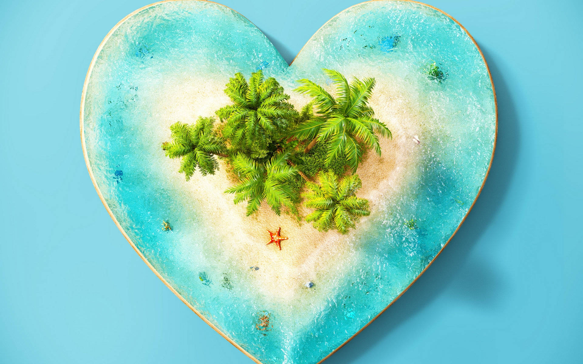 heart-shaped tropical island, palm trees, turquoise water, Full HD Desktop Wallpaper