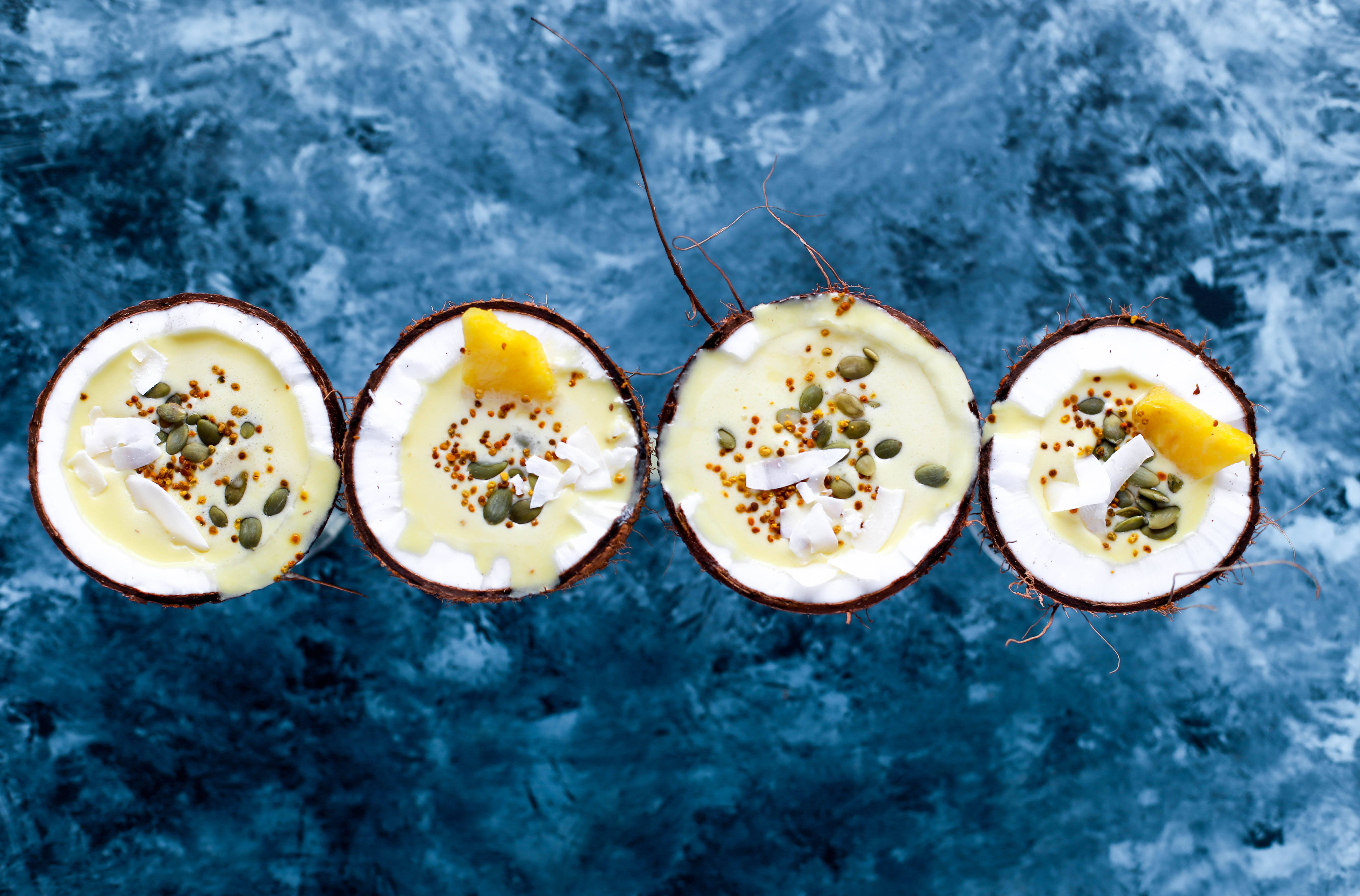 coconut ice cream dessert, creamy yellow smoothie, seeds, 5K Desktop Wallpaper