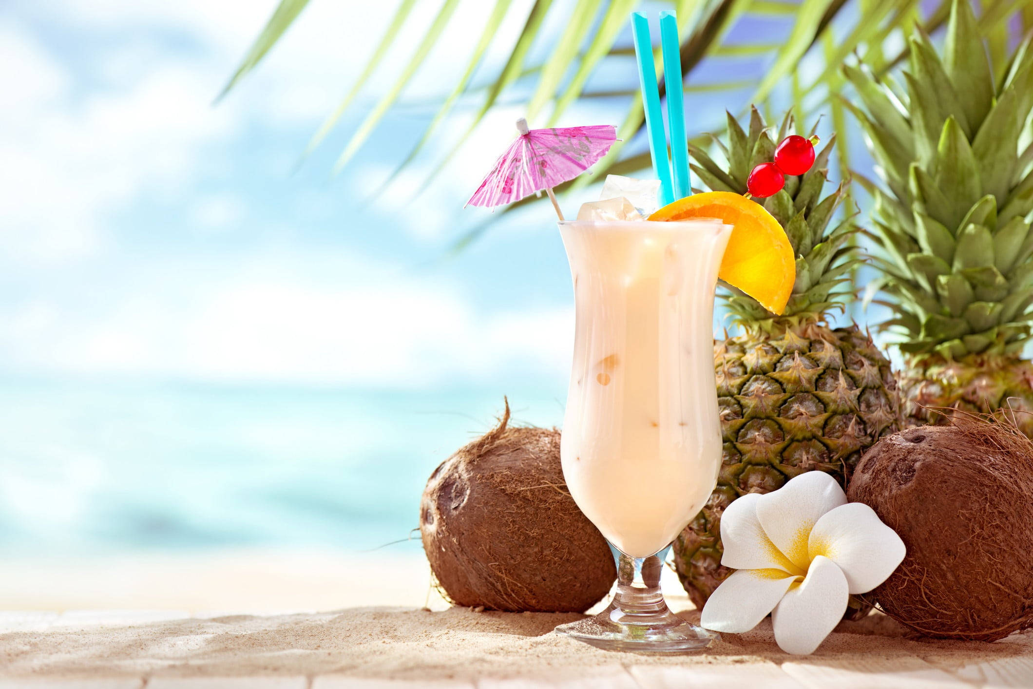 coconut milkshake, beach, pineapple cherry garnish, Full HD Desktop Wallpaper