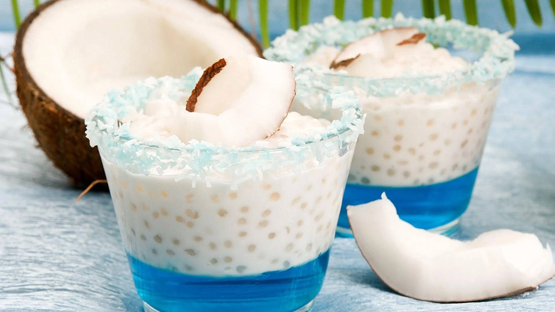 coconut sago dessert, blue syrup, coconut flakes, Full HD Desktop Wallpaper