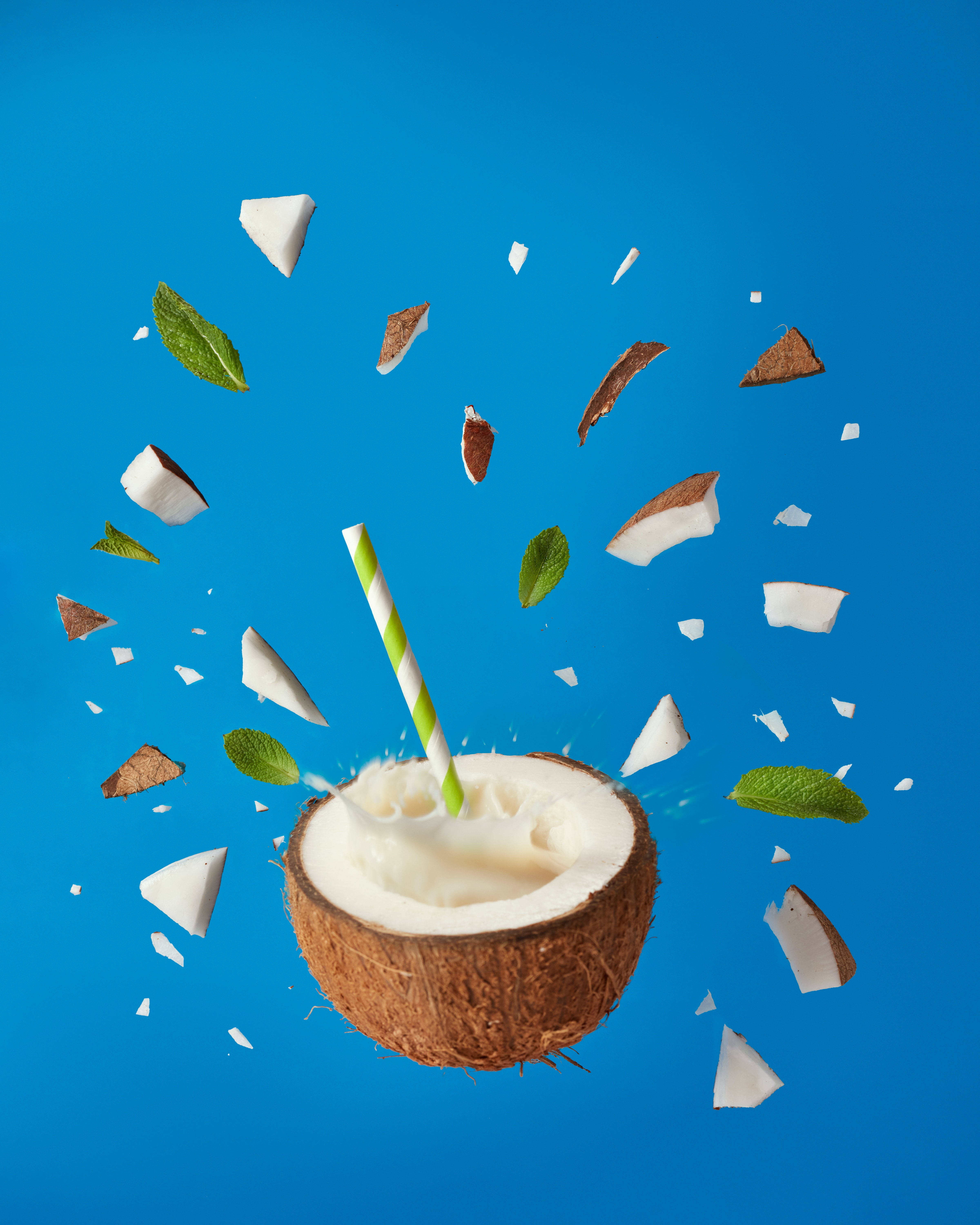 coconut milkshake, shell, vibrant blue background, 5K Phone Wallpaper