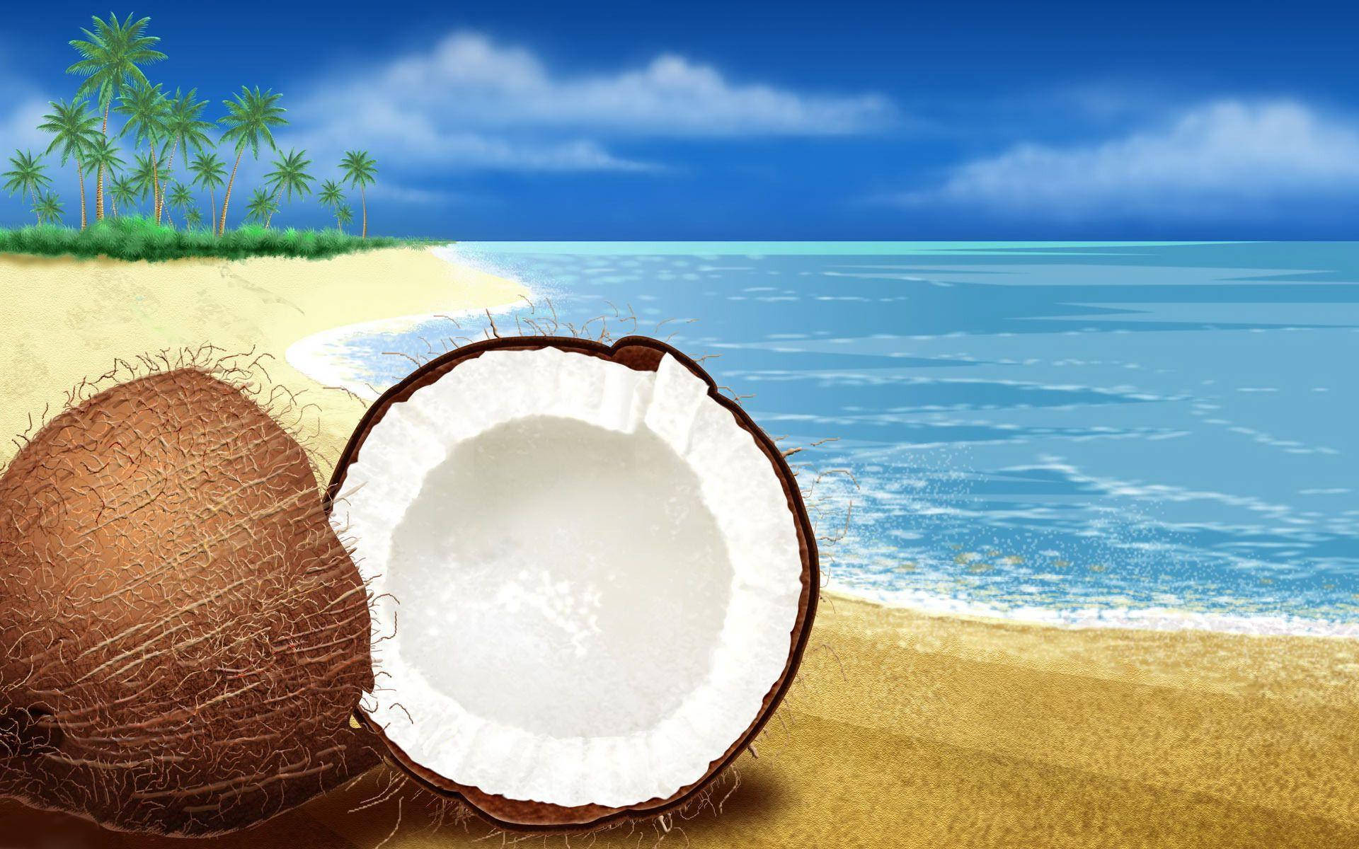 coconut fruit, golden sand, turquoise ocean, Full HD Desktop Wallpaper