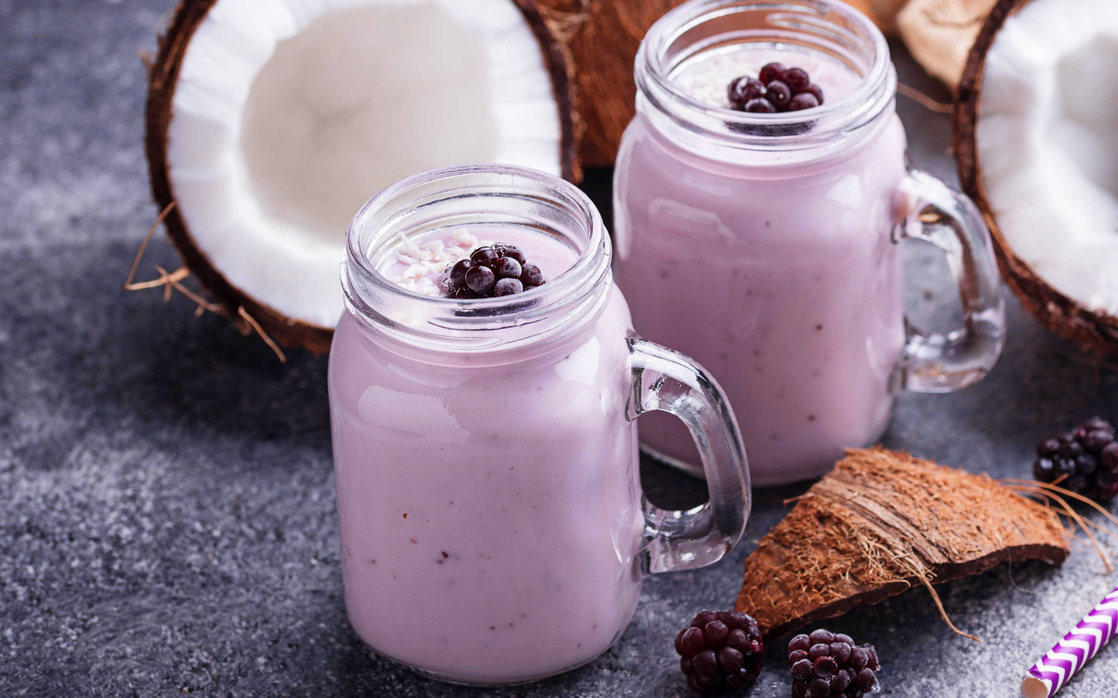 blueberry coconut milkshakes, purple coconut blackberry smoothie, coconut halves, 4K Desktop Wallpaper