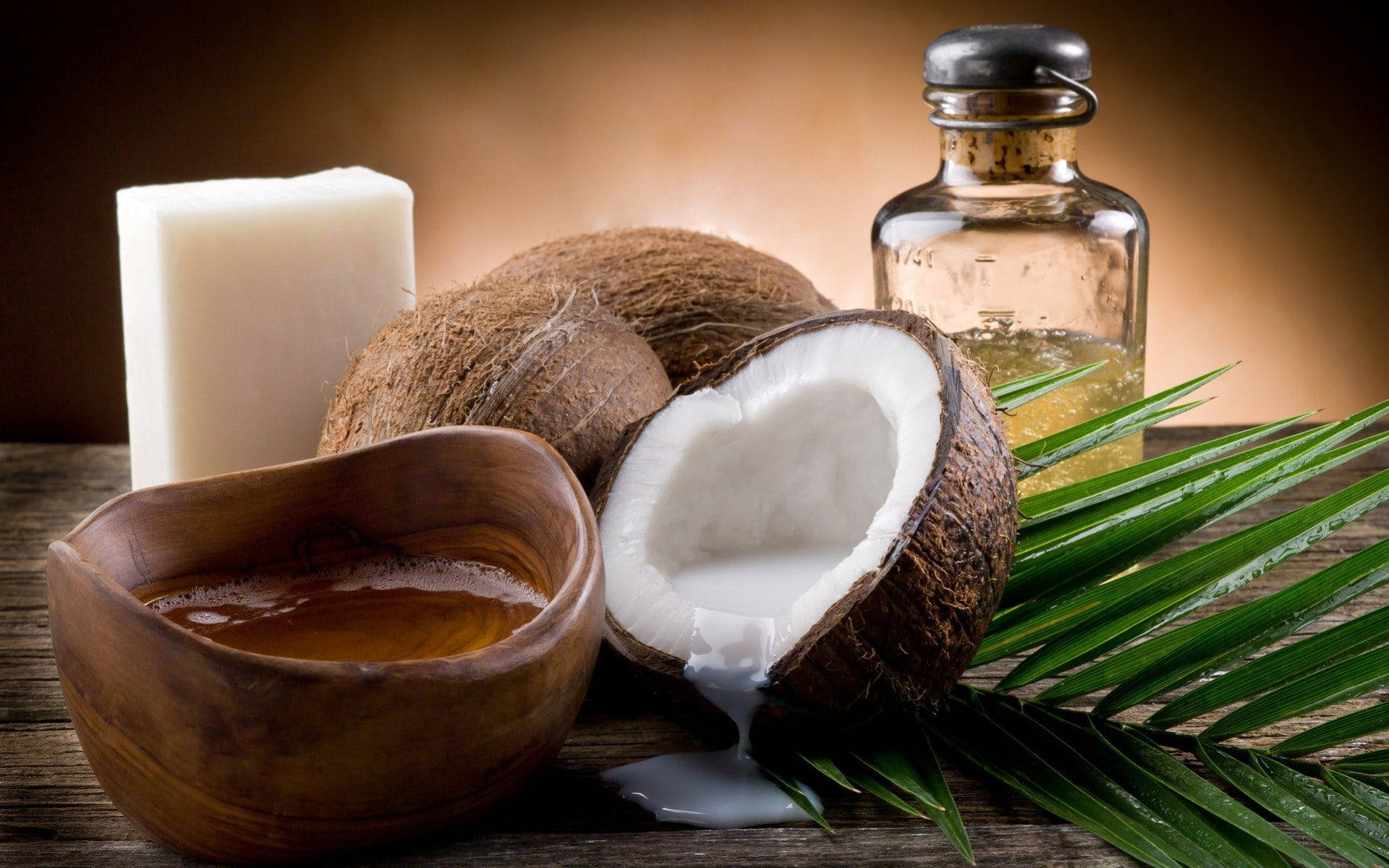 virgin coconut oil, rustic wooden table, halved coconut, Full HD Desktop Wallpaper