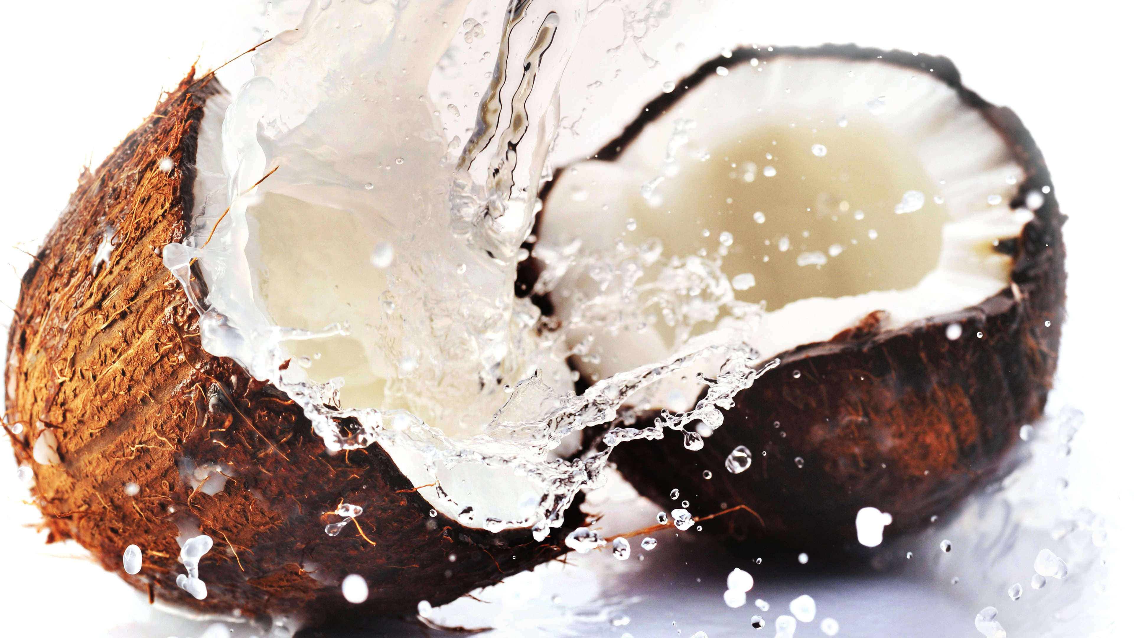 freshly sliced coconut, cracked coconut, clear liquid, 4K Desktop Wallpaper