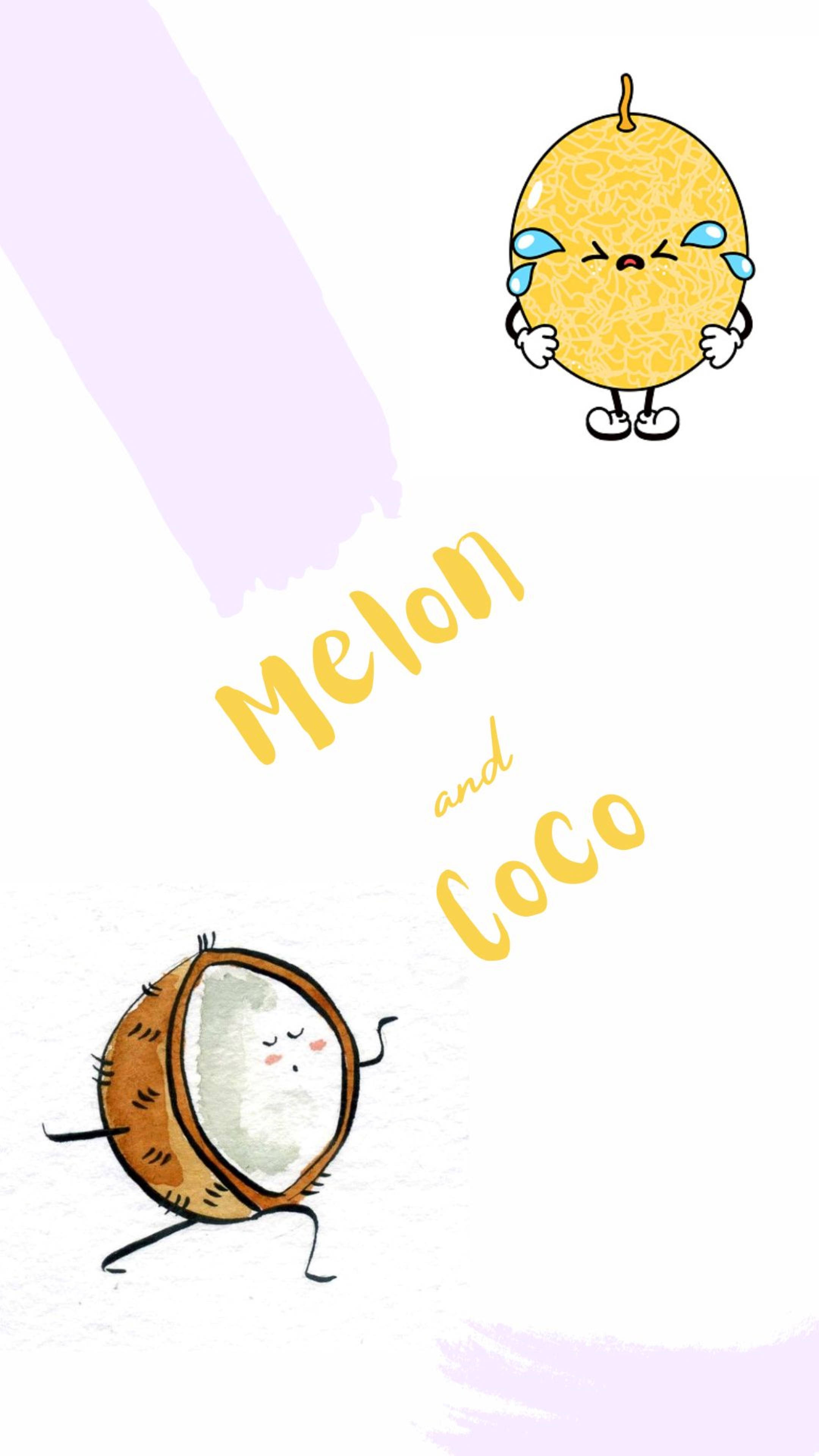 Coconut, Melon, cartoon illustration, 4K Phone Wallpaper