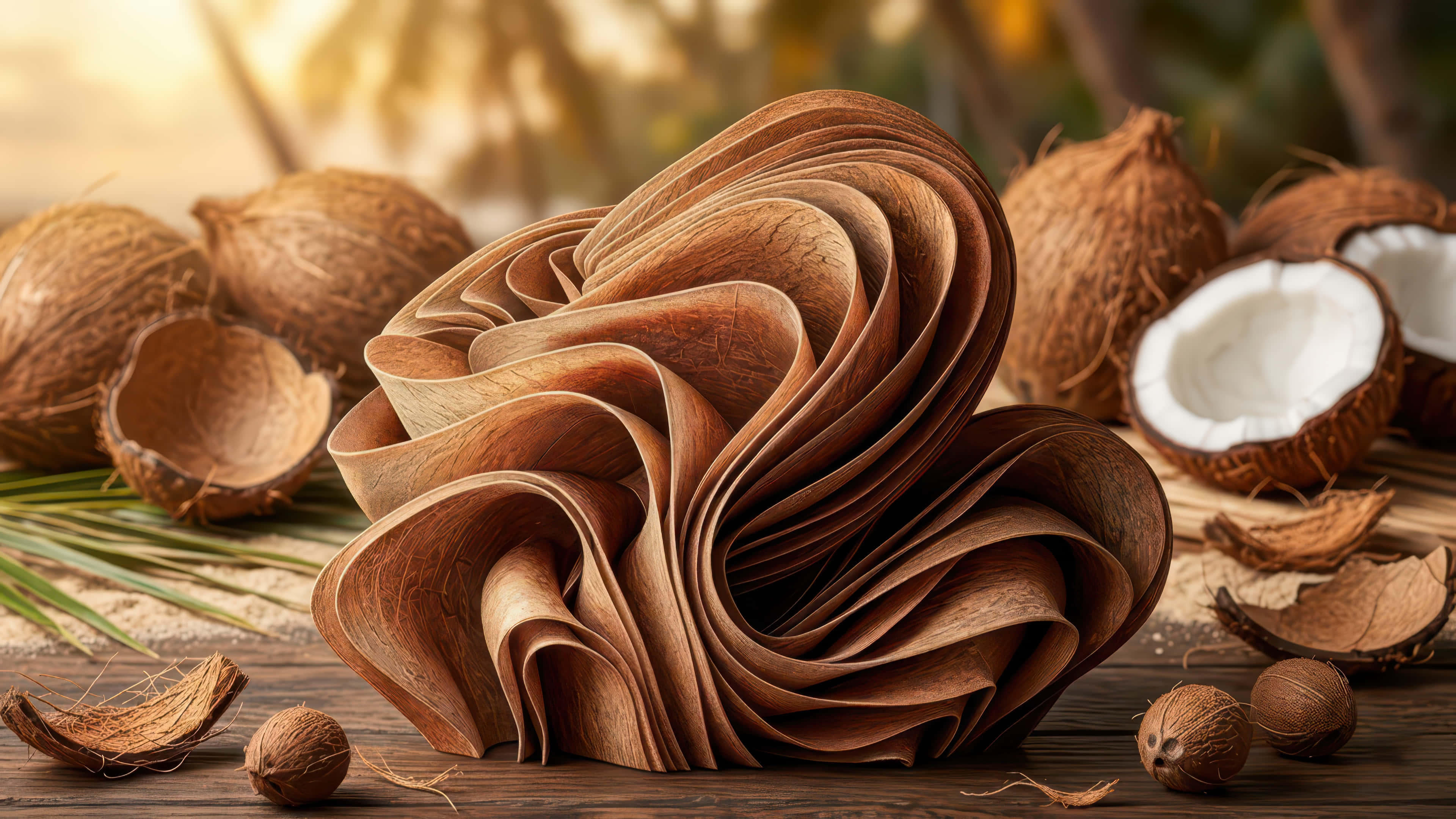 coconut bloom, coconut husk fibers, cracked coconuts, 4K Desktop Wallpaper
