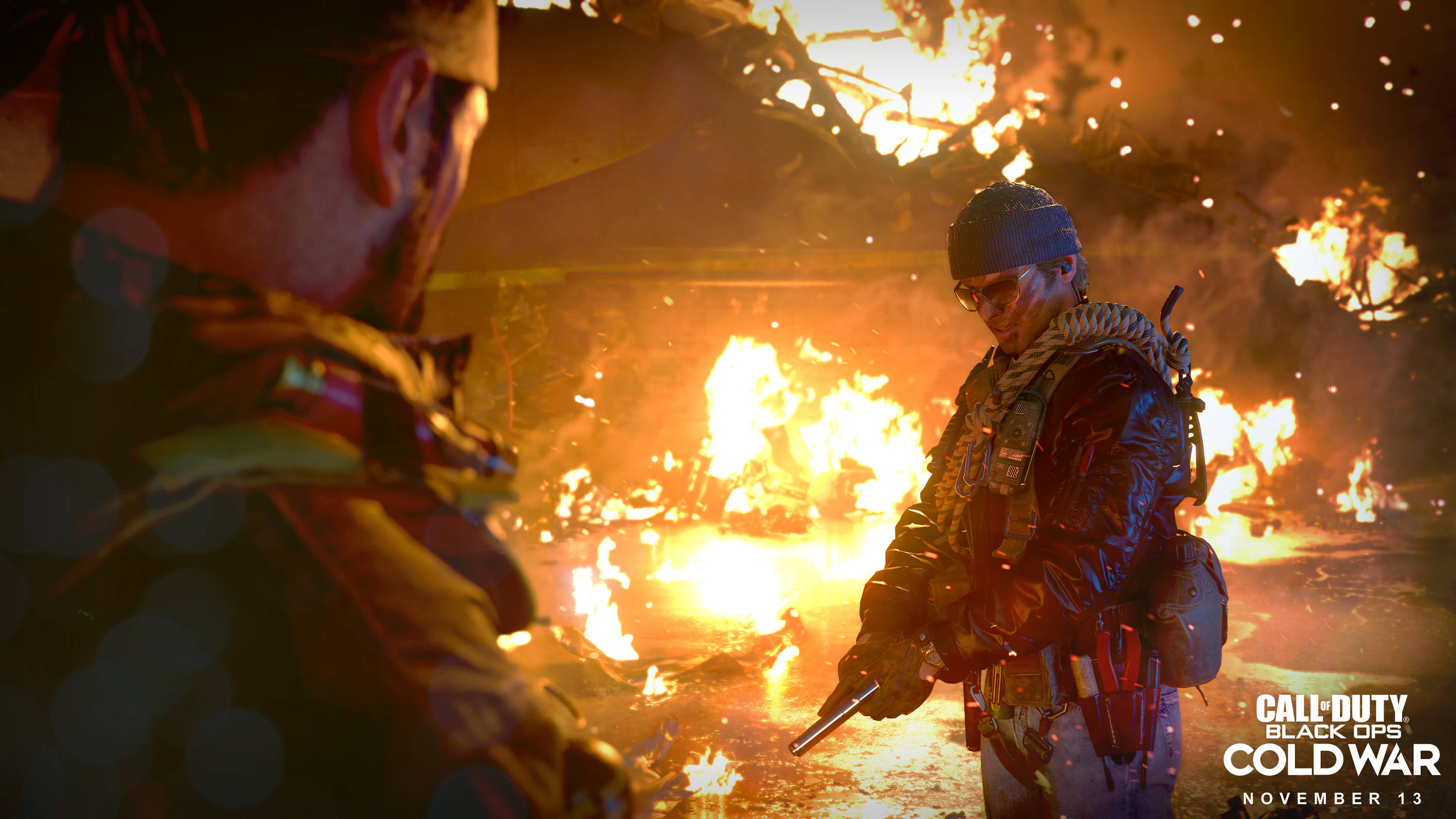 COD Cold War, combat gear, roaring flames, 2K Desktop Wallpaper