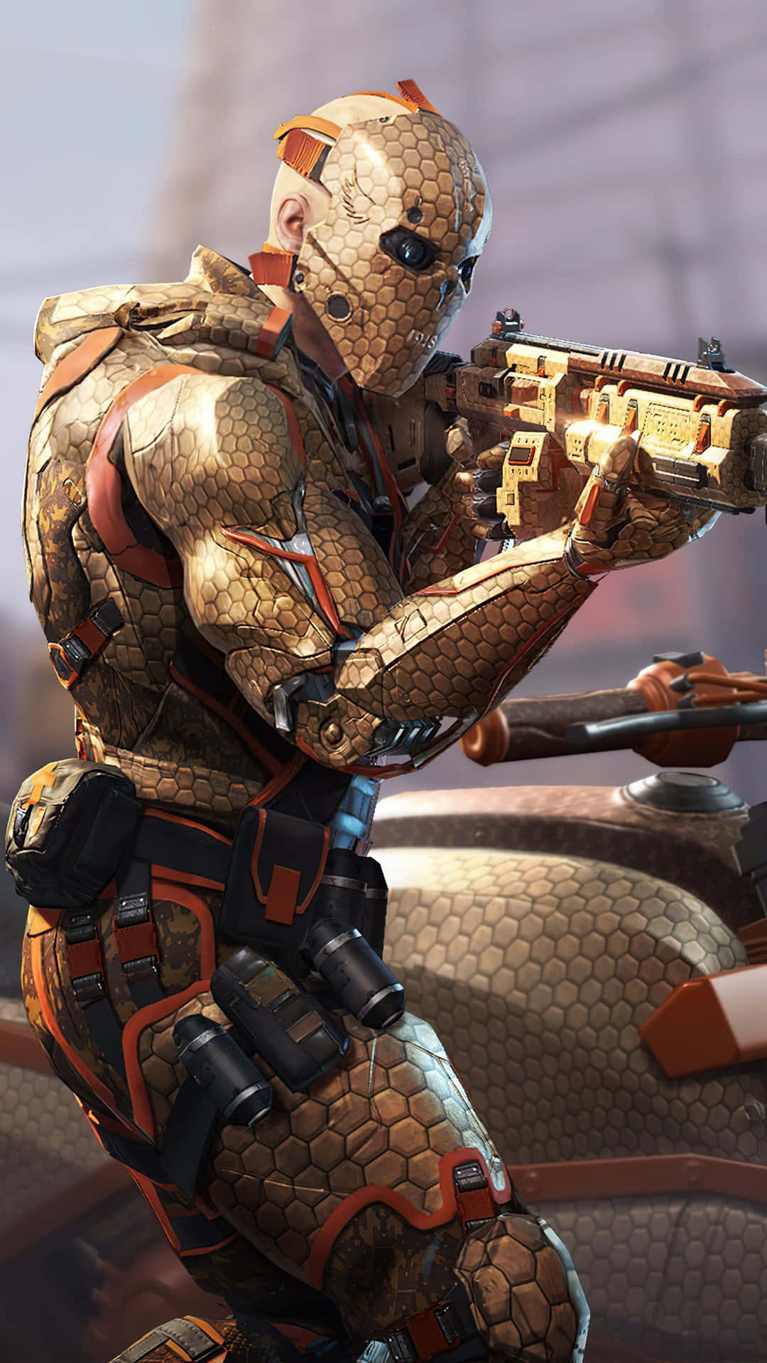 COD Mobile Character Skins, honeycomb-patterned armor, futuristic rifle, Full HD Phone Wallpaper