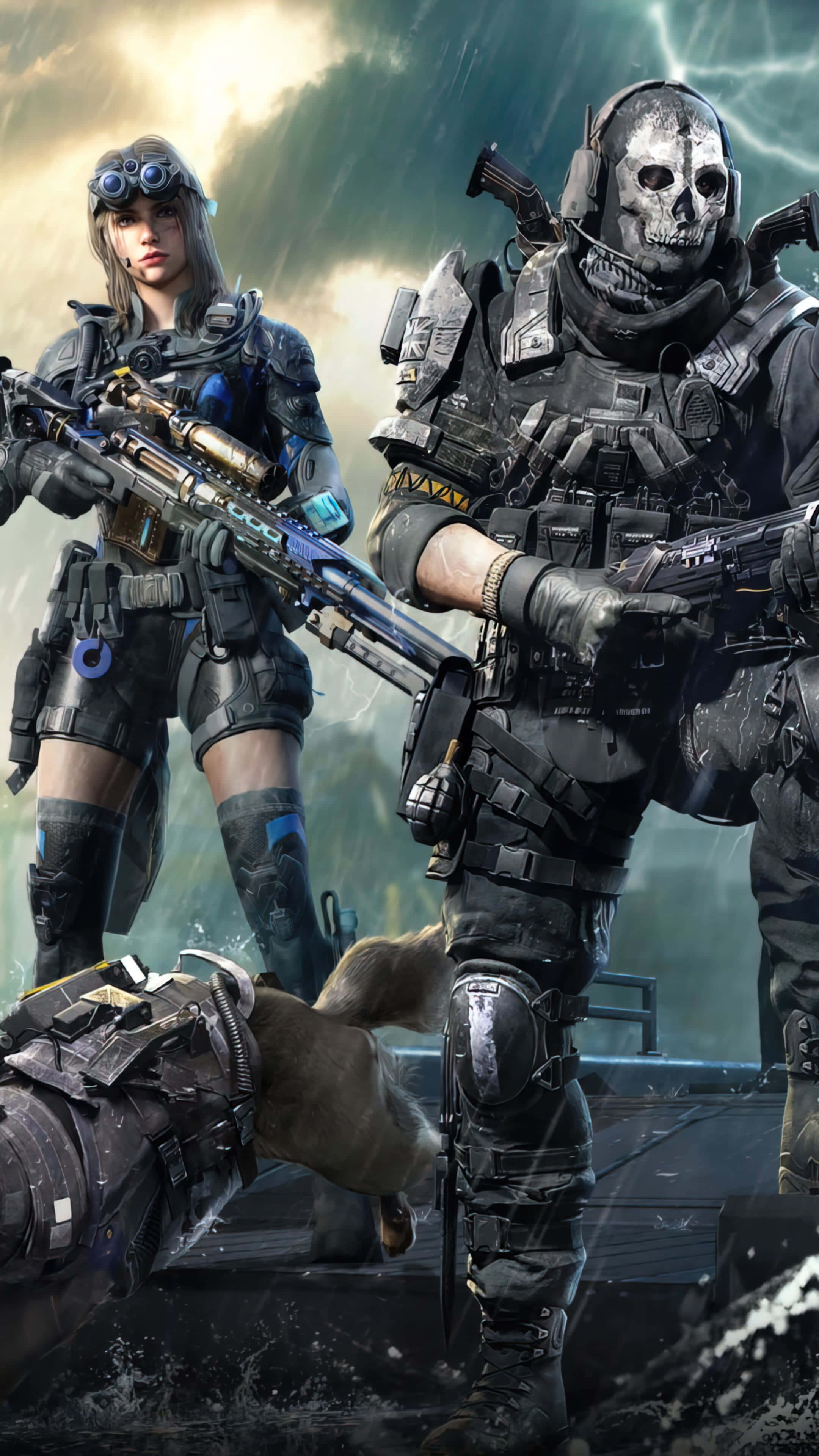 COD Mobile Character Skins, futuristic gear, stormy battlefield, 4K Phone Wallpaper
