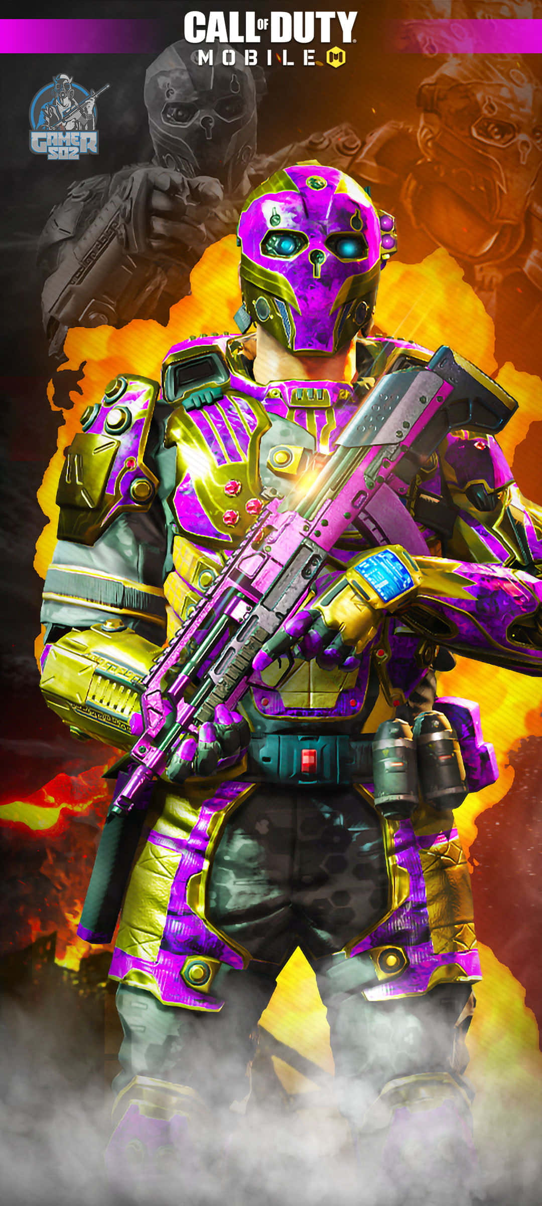 COD Mobile Character Skins, vibrant purple and gold armor, fiery orange and black background, Full HD Phone Wallpaper