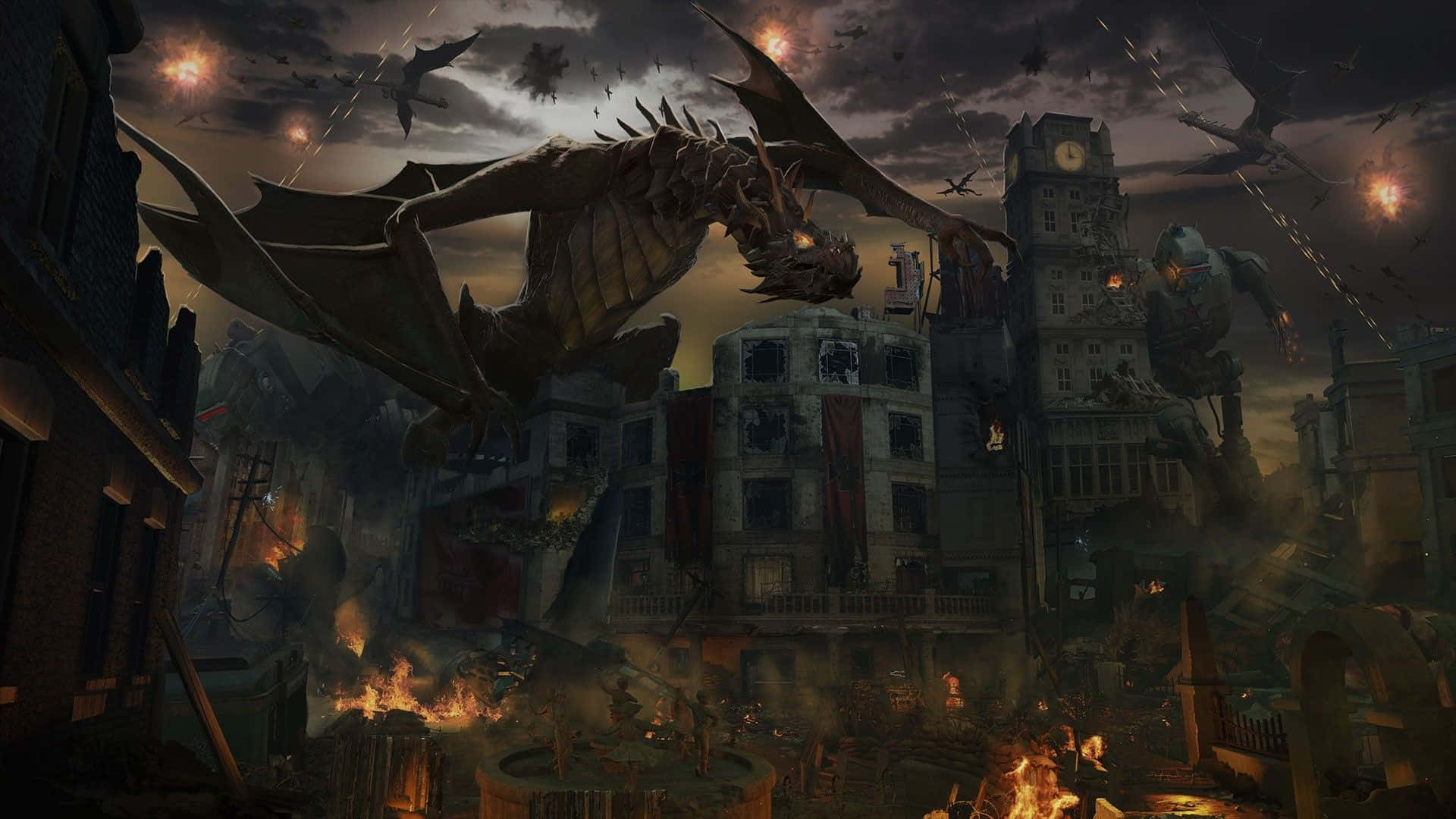Cod Zombies, dragon, burning ruined city, Full HD Desktop Wallpaper