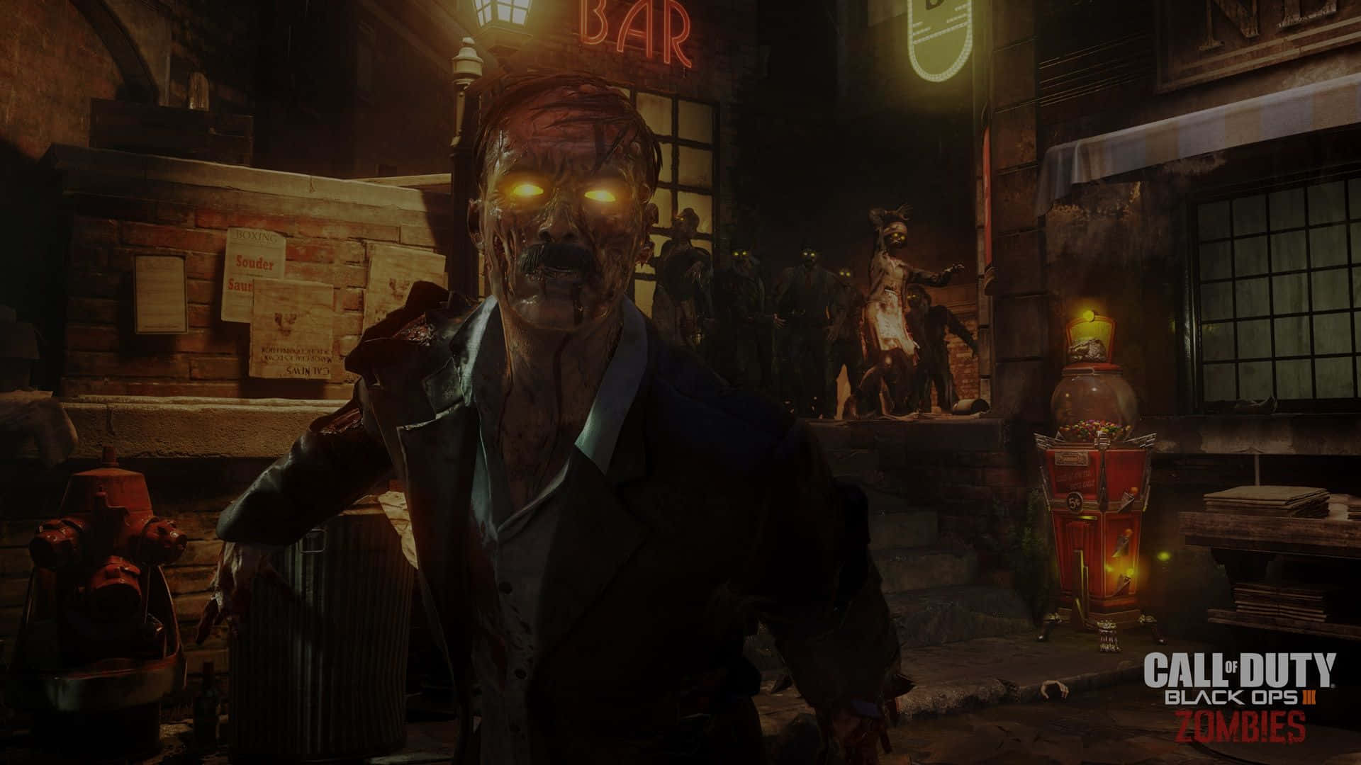 Cod Zombies, glowing-eyed zombie, dark alley, Full HD Desktop Wallpaper