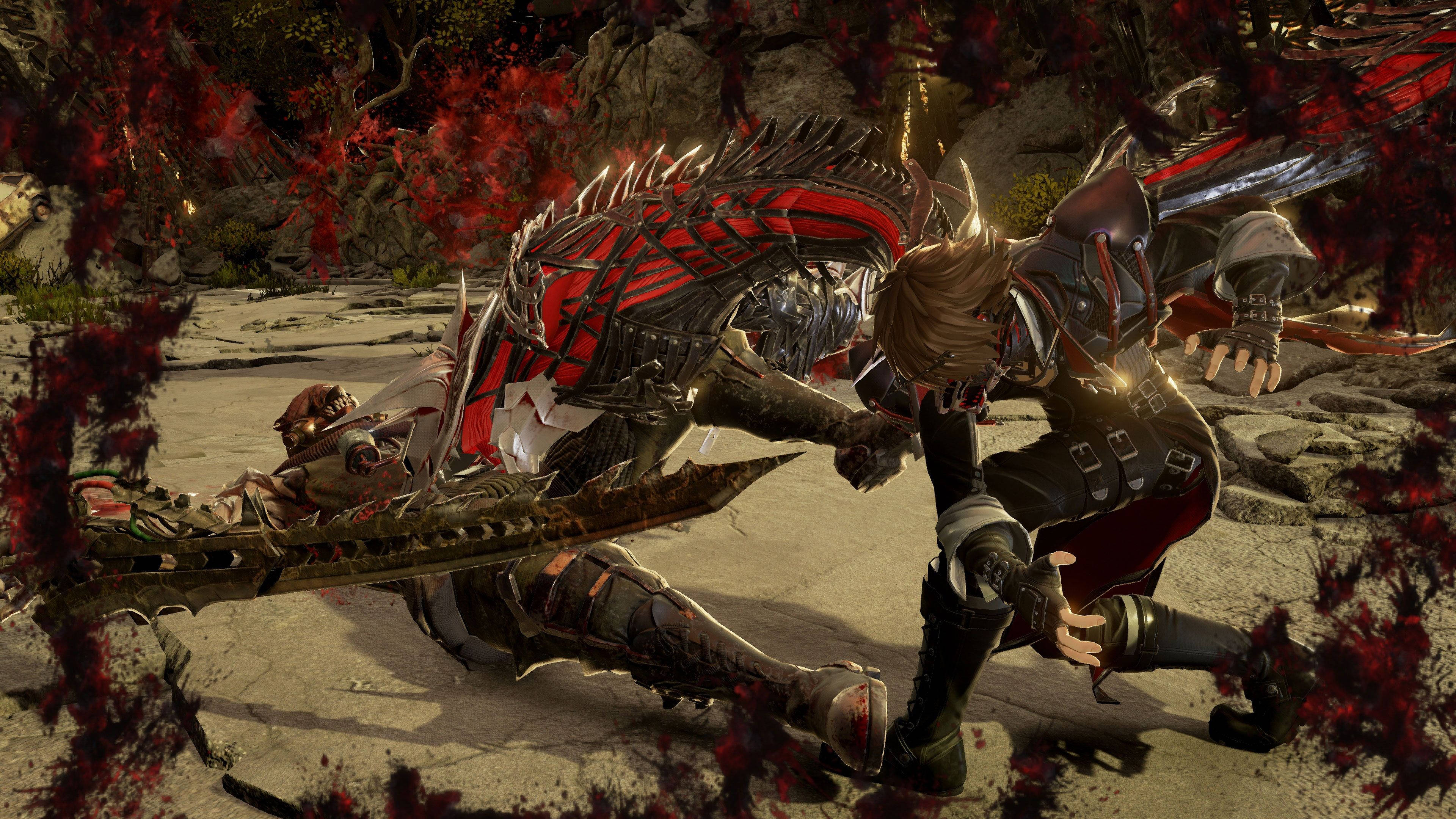 Code Vein, warrior in dark armor, massive red and black armored dragon, 4K Desktop Wallpaper