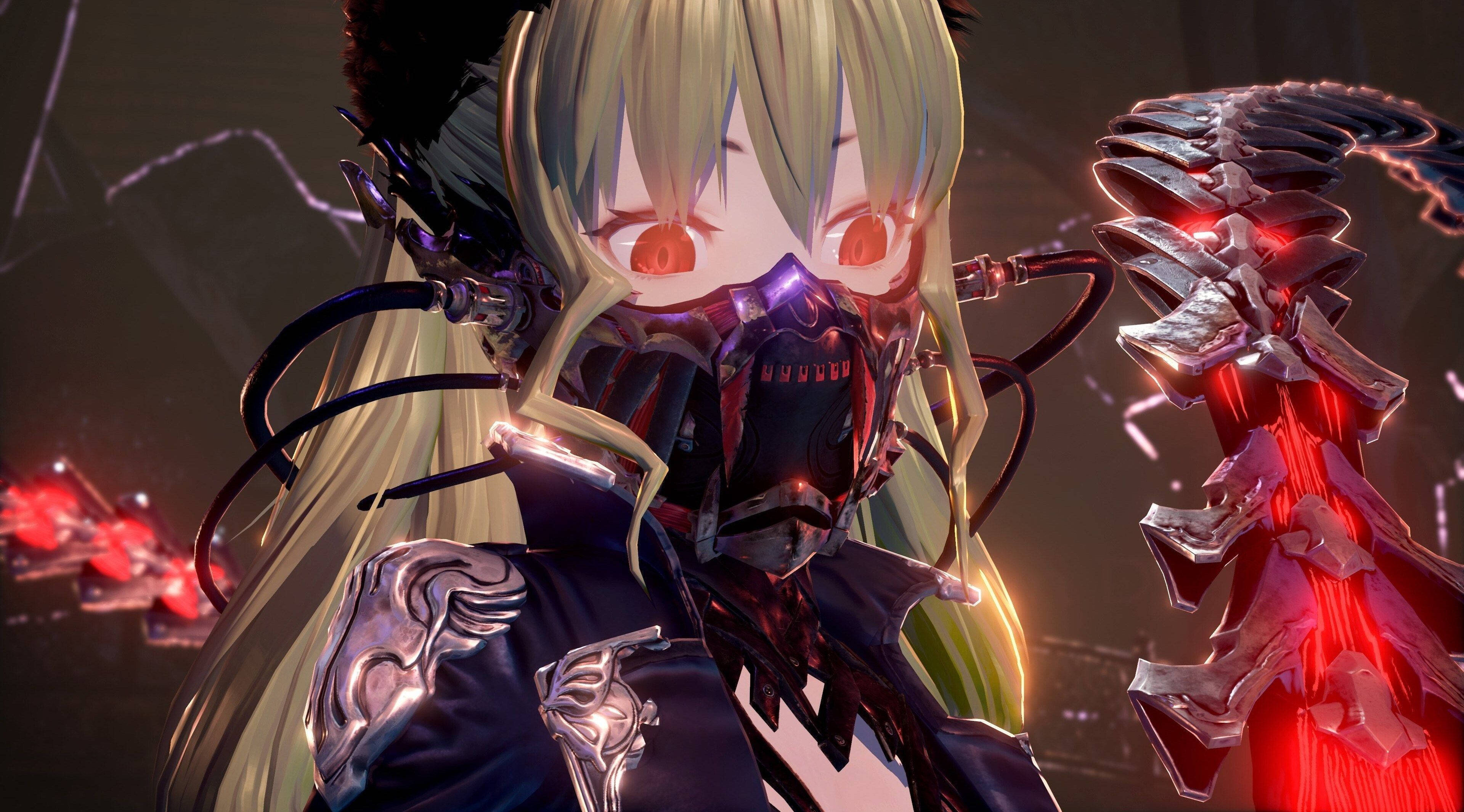 Code Vein, blonde anime girl, glowing red eyes, 4K Desktop Wallpaper