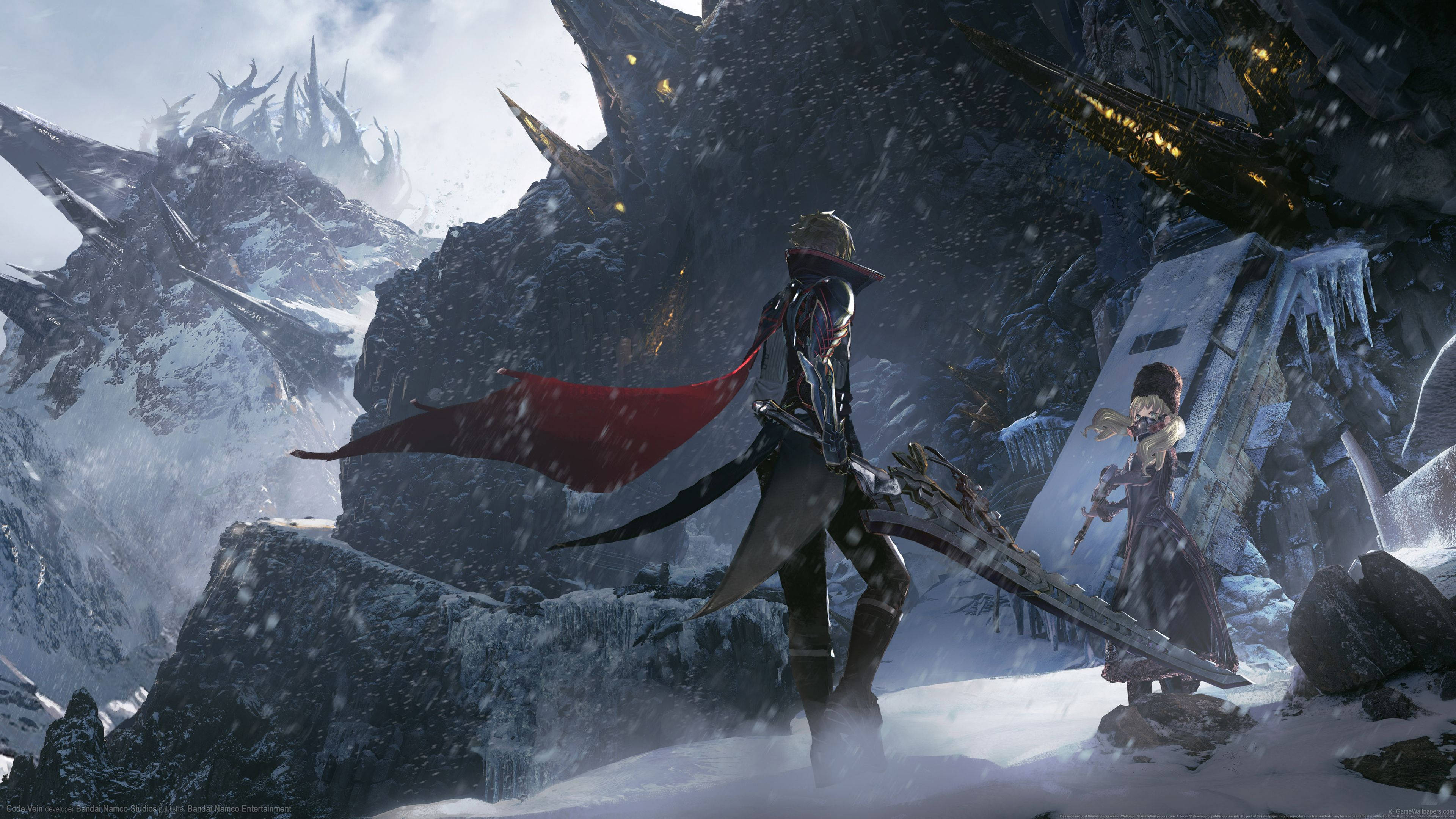Code Vein, armored adventurers, snowy mountain pass, 4K Desktop Wallpaper