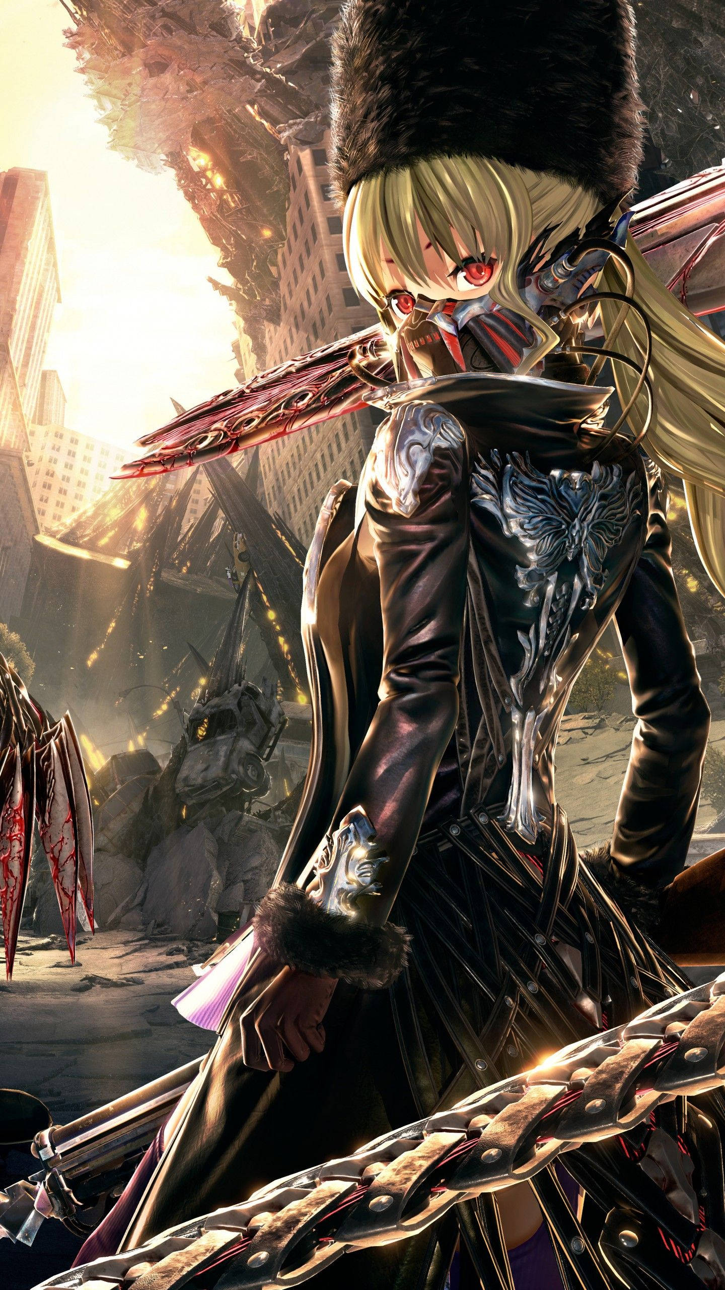 Code Vein, blonde anime warrior, ornate black armor, 2K Phone Wallpaper