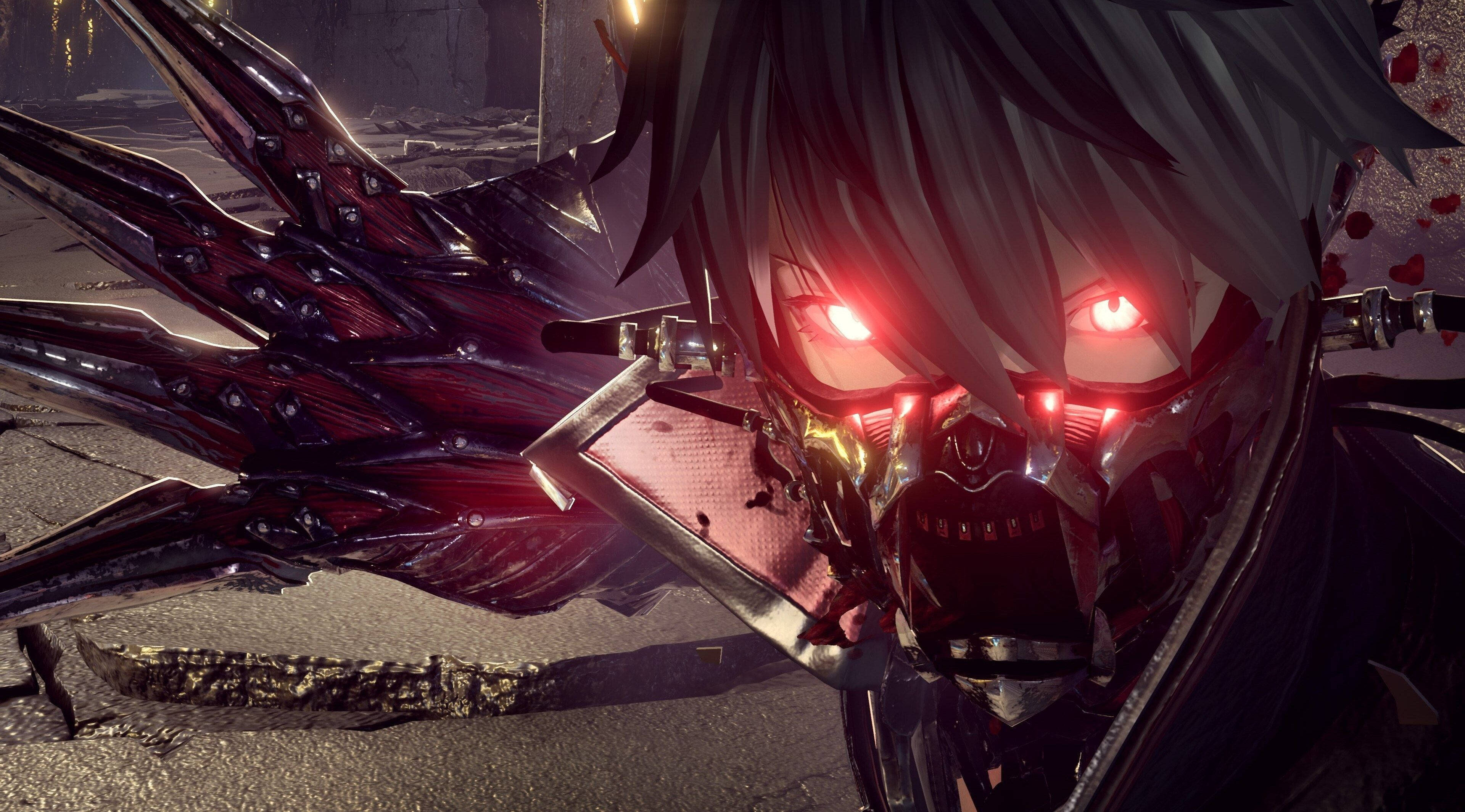 Code Vein, cybernetic anime warrior, glowing red eyes, 4K Desktop Wallpaper