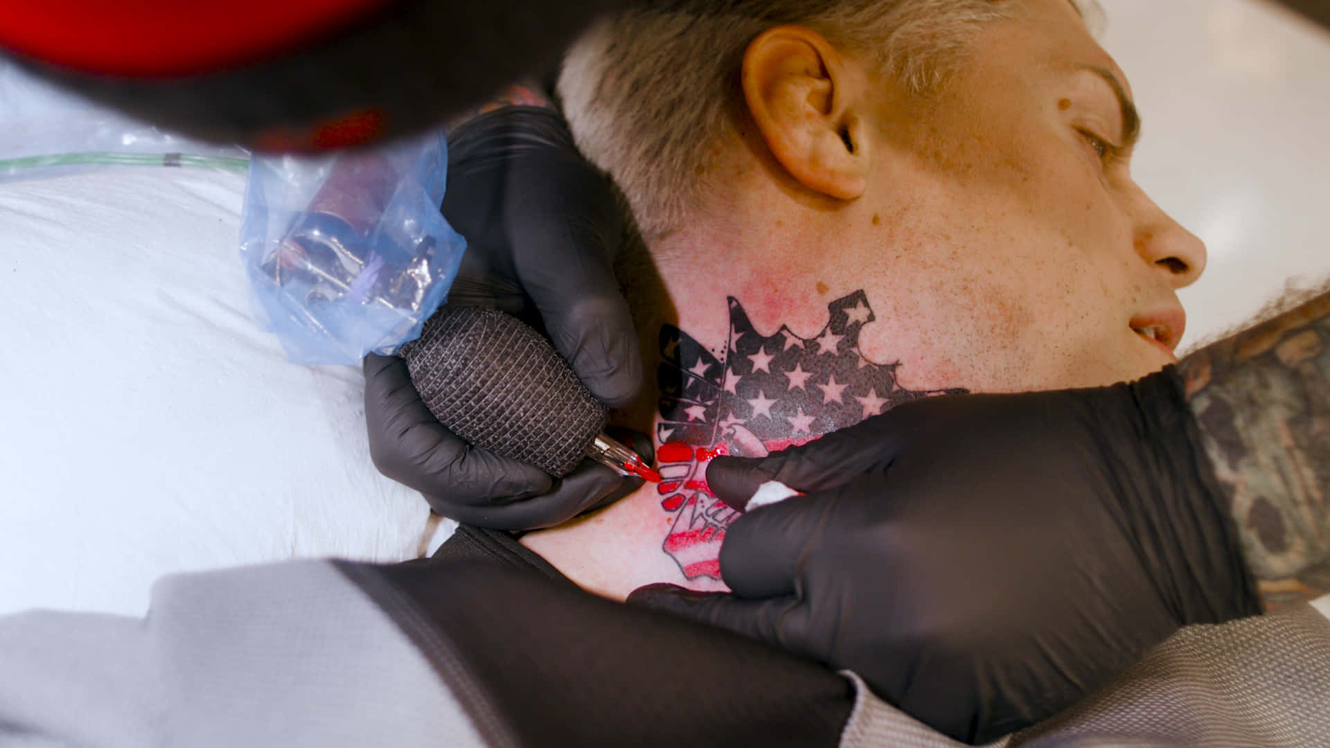 Cody Rhodes, neck tattoo, red and black American flag design, Full HD Desktop Wallpaper