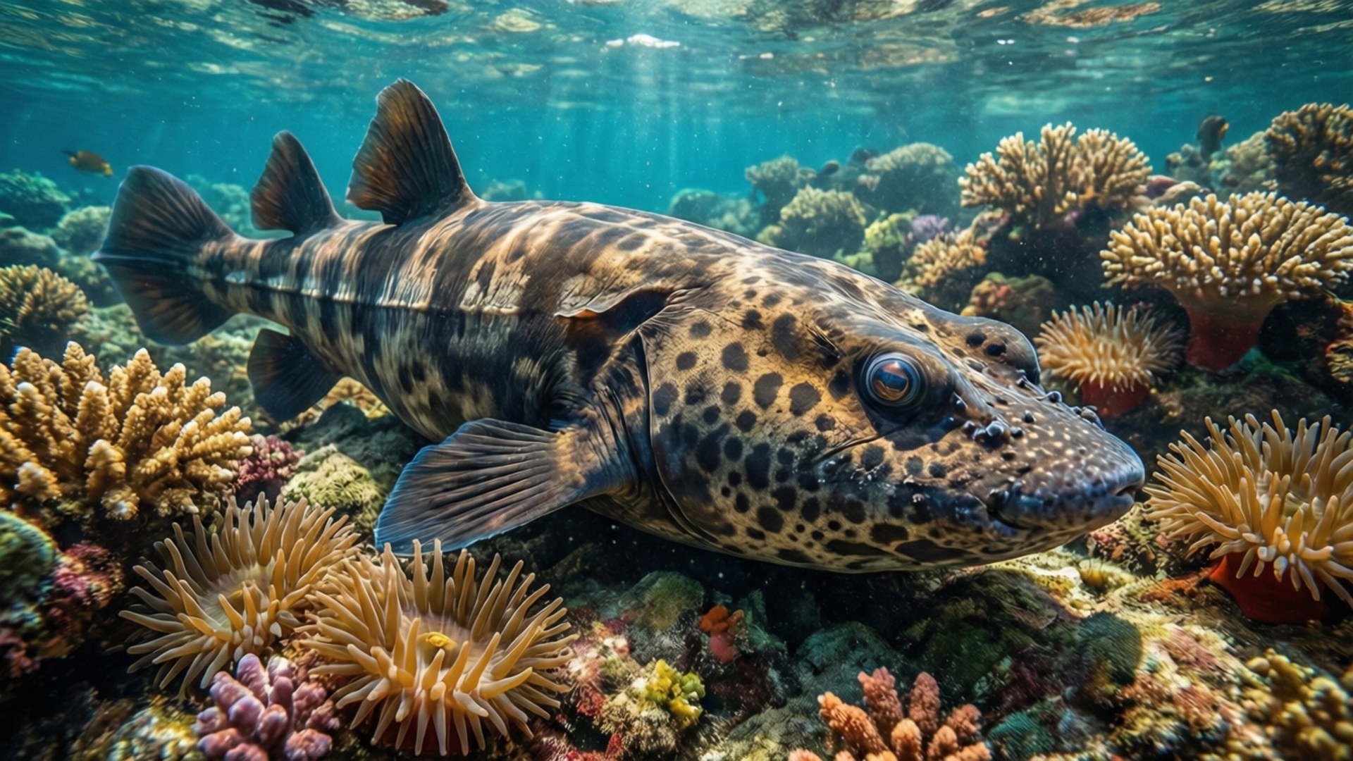 coelacanth, colorful coral reef, Full HD Desktop Wallpaper