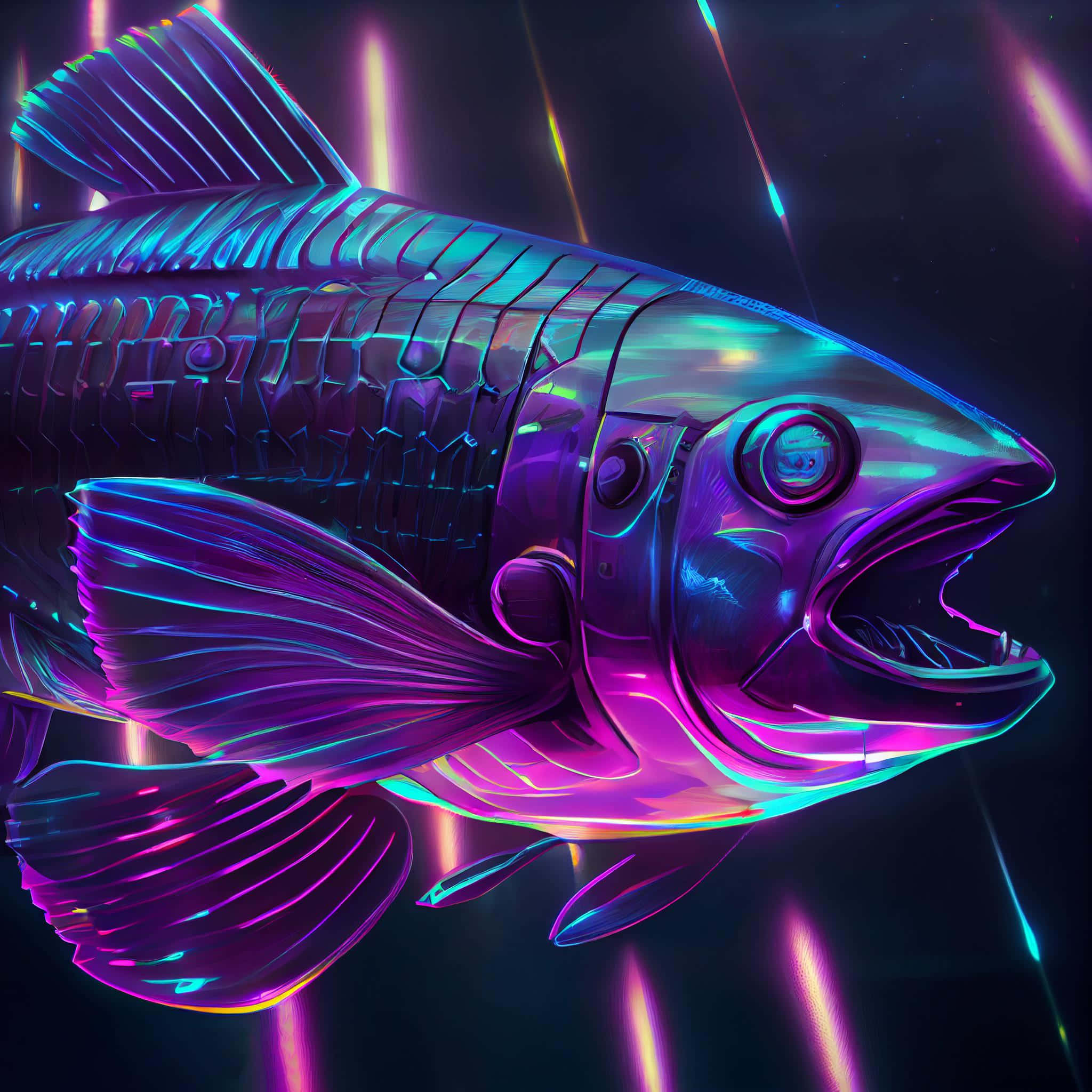Coelacanth, glowing purple, cyan neon lines, Full HD Desktop Wallpaper