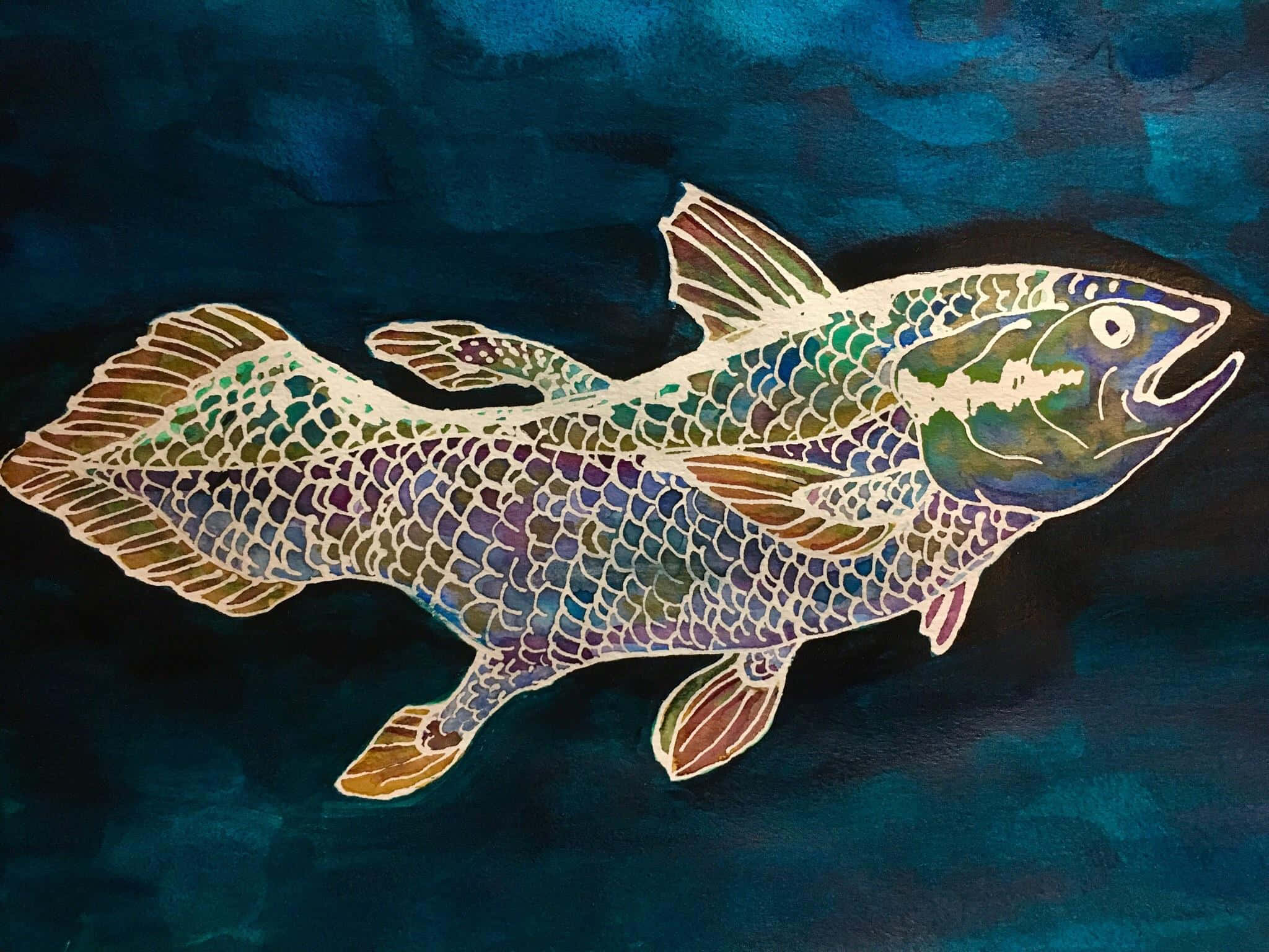 Coelacanth, iridescent scales, deep blue watercolor background, Full HD Desktop Wallpaper