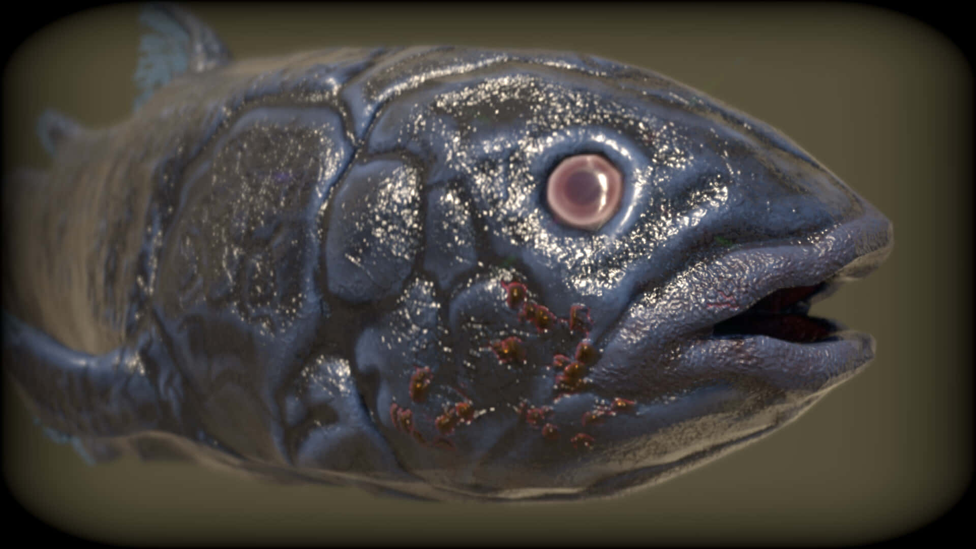 Coelacanth, dark textured fish head, pink eye, Full HD Desktop Wallpaper