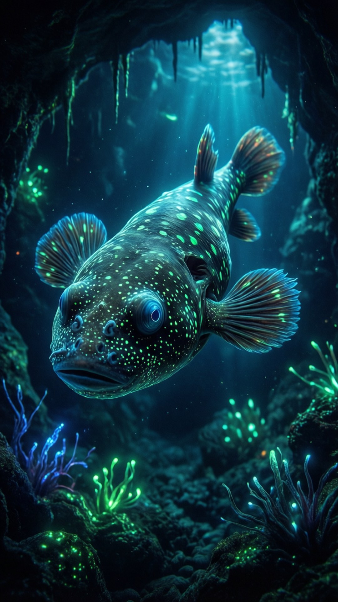 bioluminescent cave, coelacanth, glowing, Full HD Phone Wallpaper