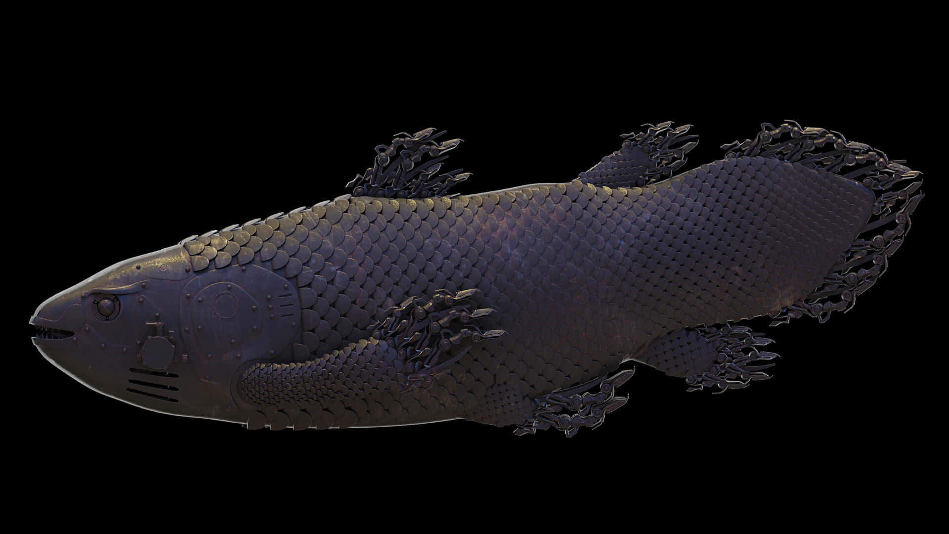 Coelacanth, dark metallic, armored scales, Full HD Desktop Wallpaper