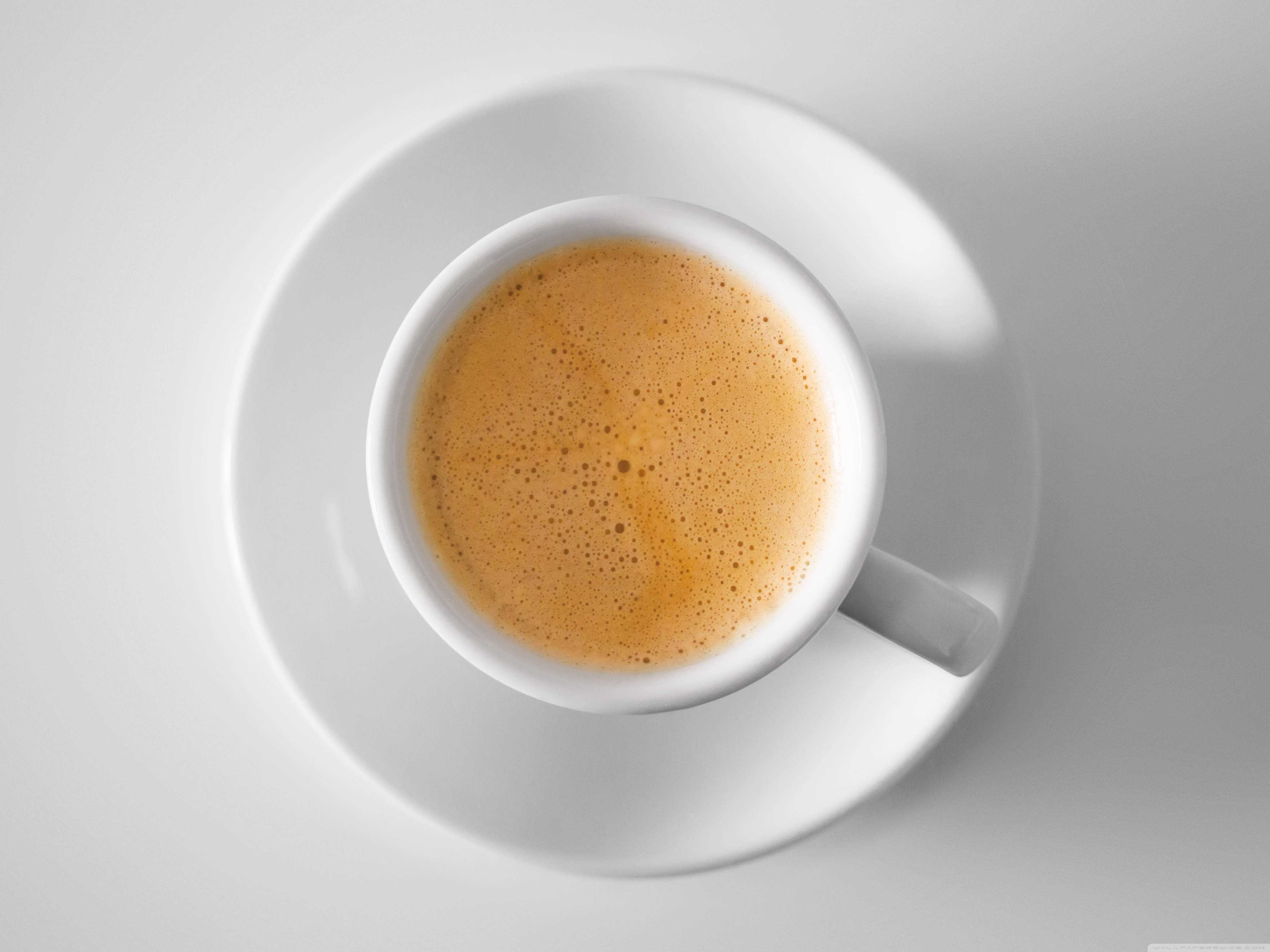 white ceramic cup, frothy light brown coffee, matching saucer, 4K Desktop Wallpaper