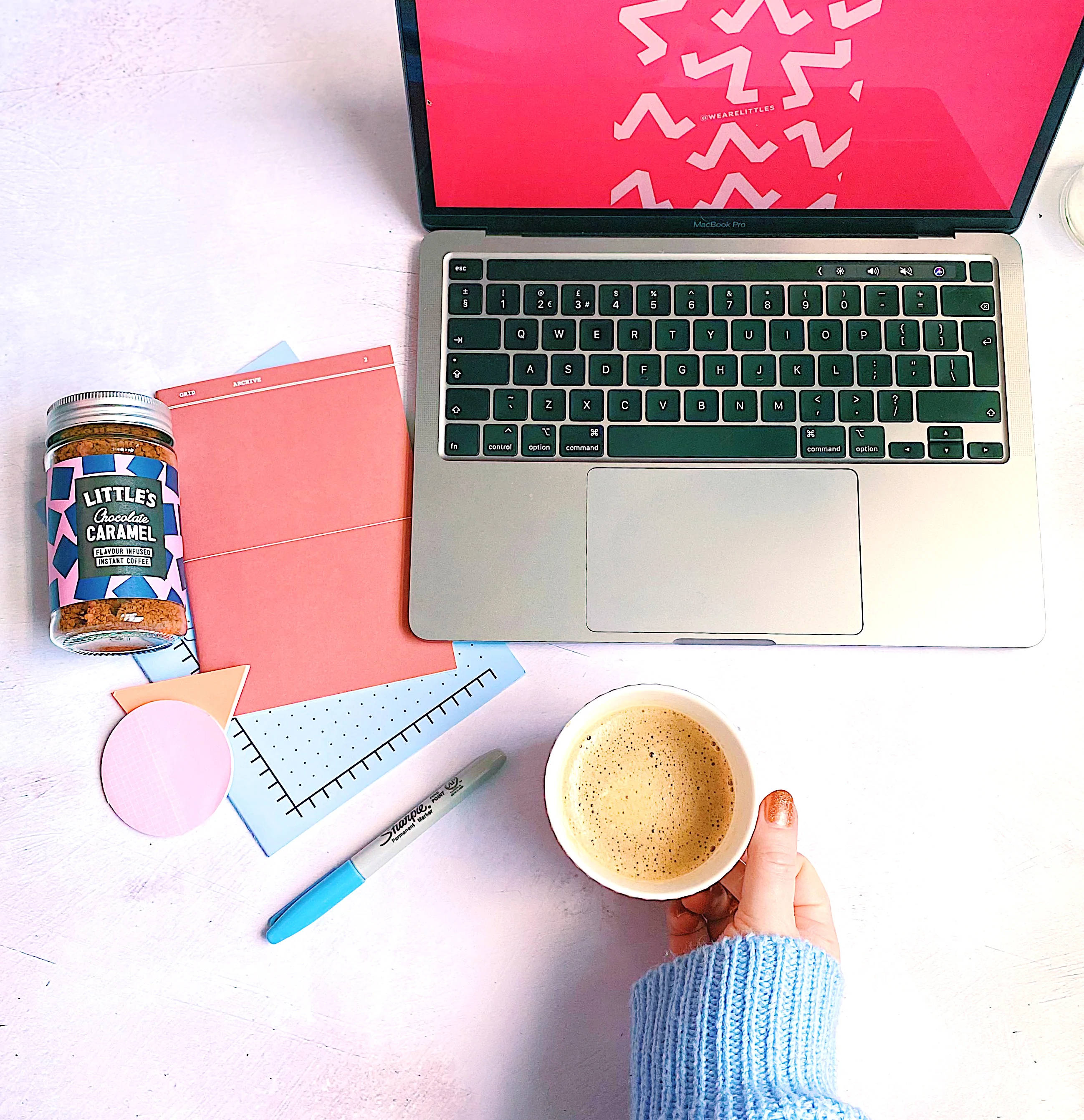 pink laptop screen, coffee, white desk, 2K Phone Wallpaper