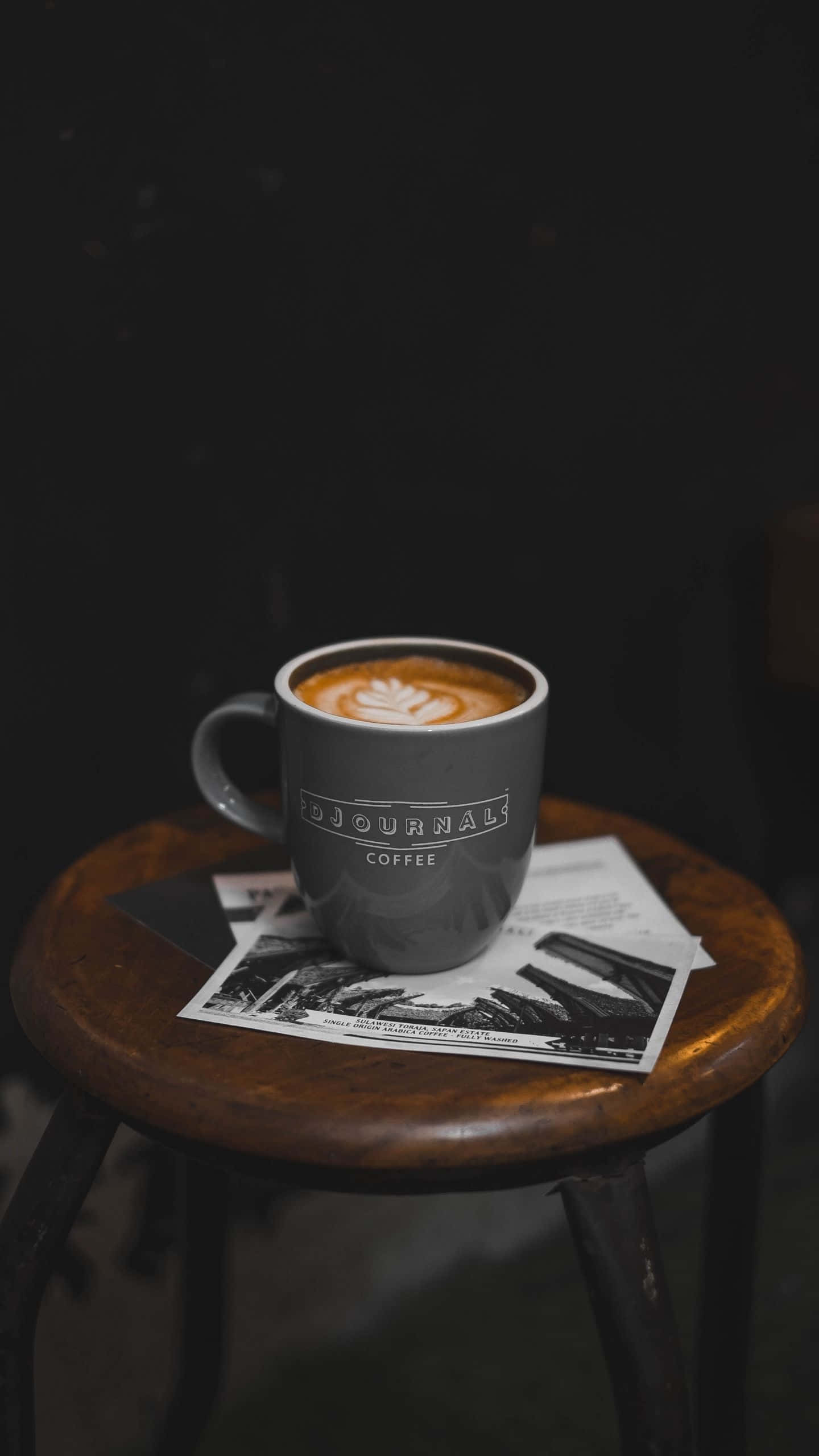 gray coffee mug, latte art, wooden stool, 2K Phone Wallpaper