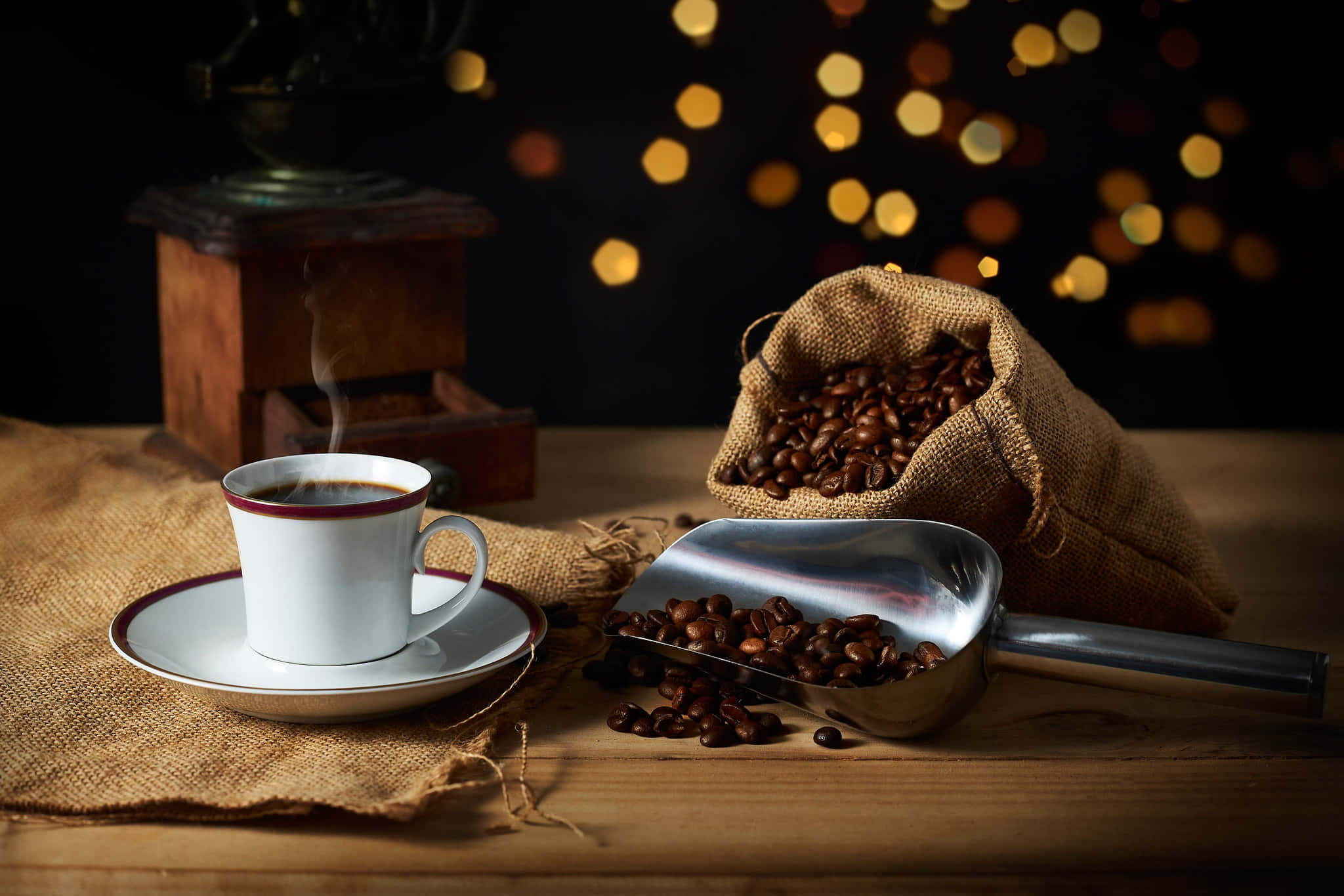 classic cup of coffee, burlap sack, roasted beans, Full HD Desktop Wallpaper