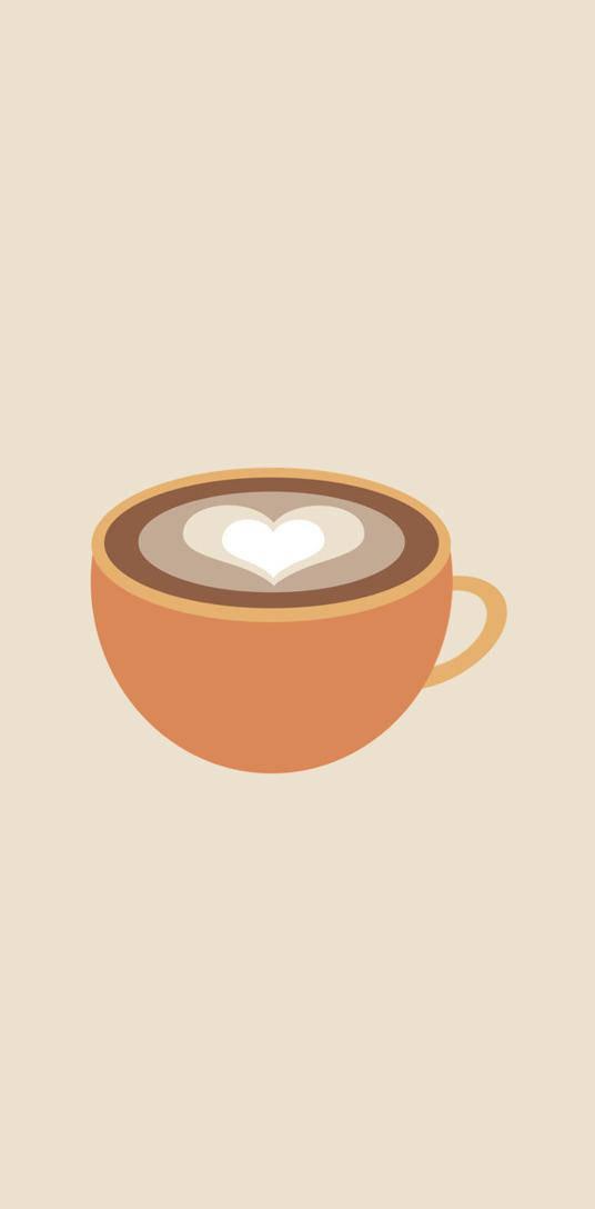 orange mug, white heart latte art, beige background, SD Phone Wallpaper