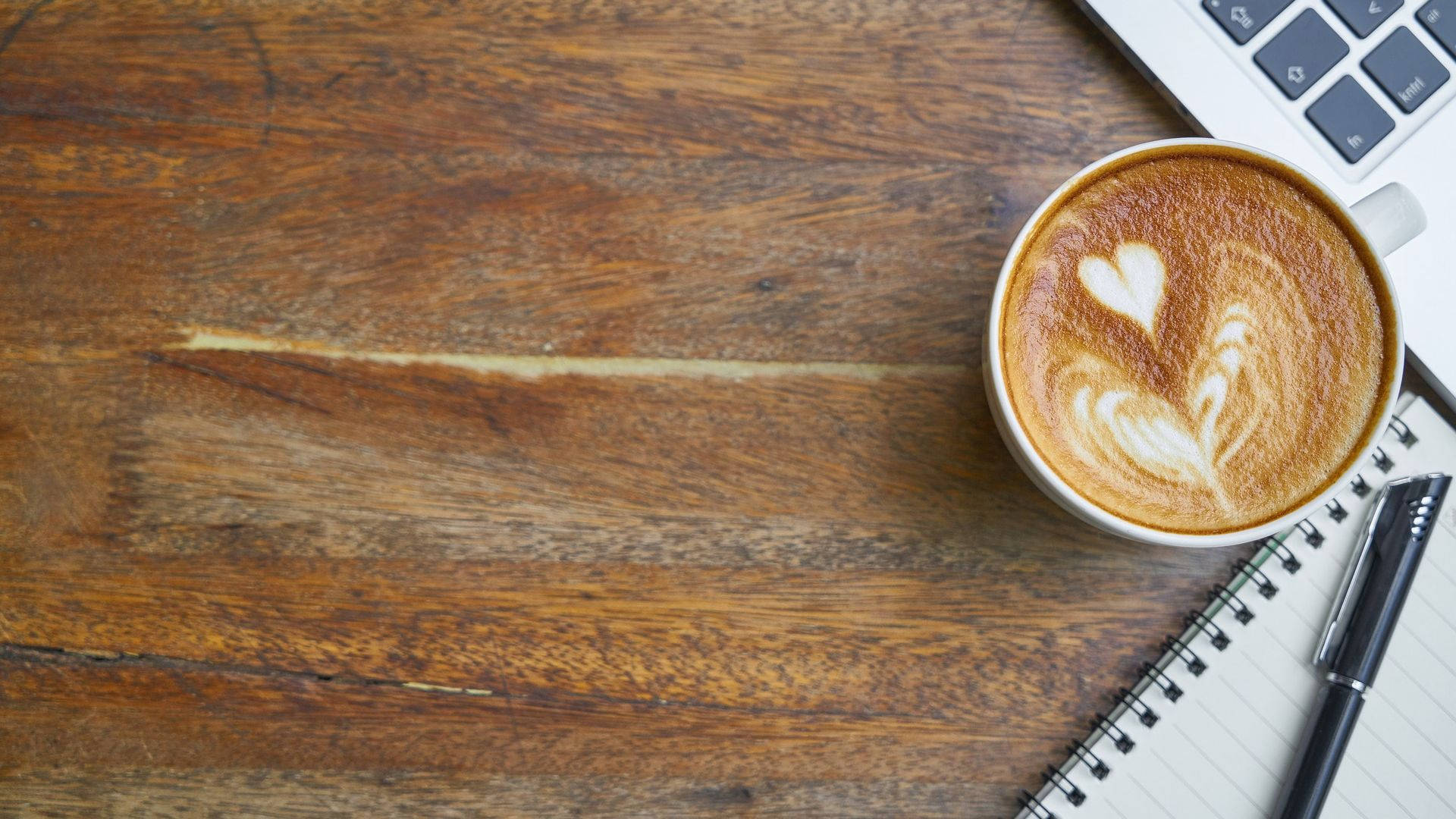 heart-shaped latte art, laptop notebook, pen, Full HD Desktop Wallpaper