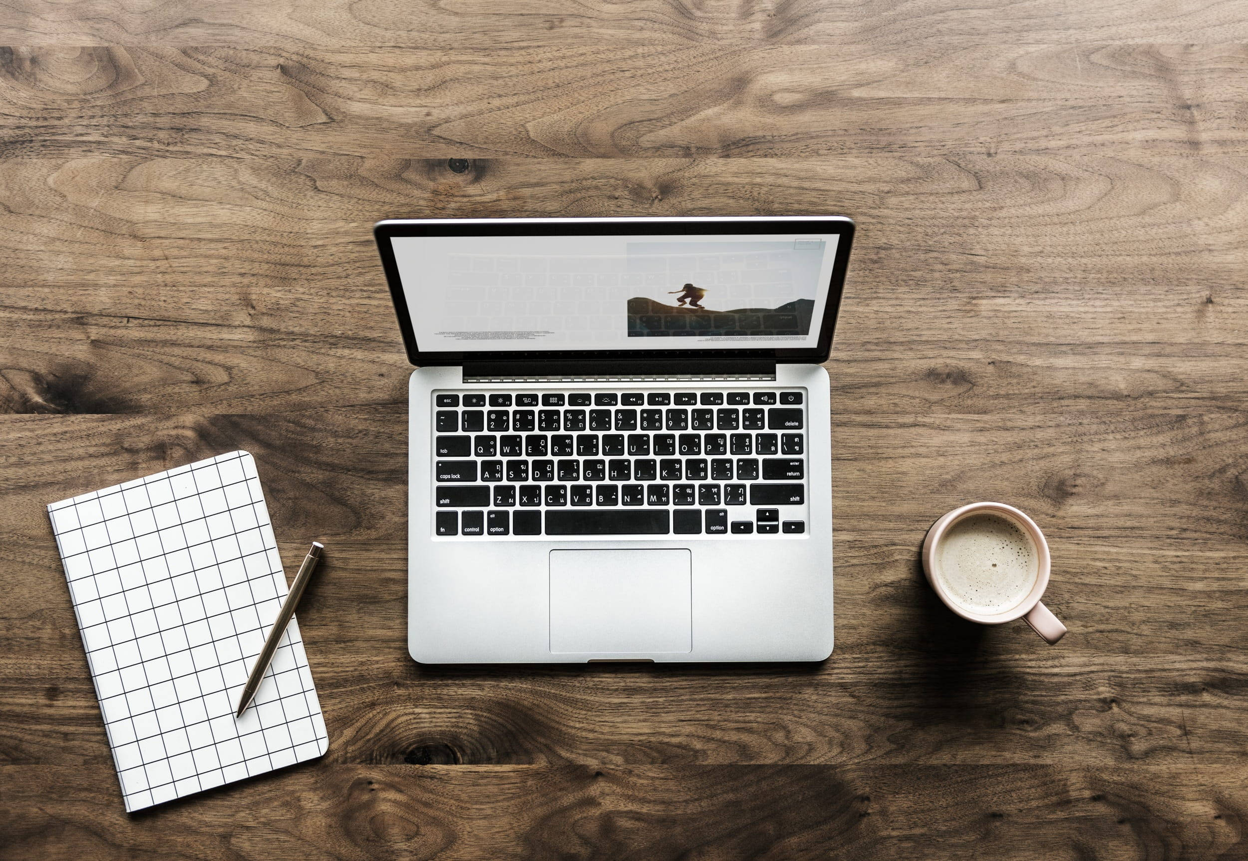 silver laptop, dark wood desk, grid notebook, Full HD Desktop Wallpaper